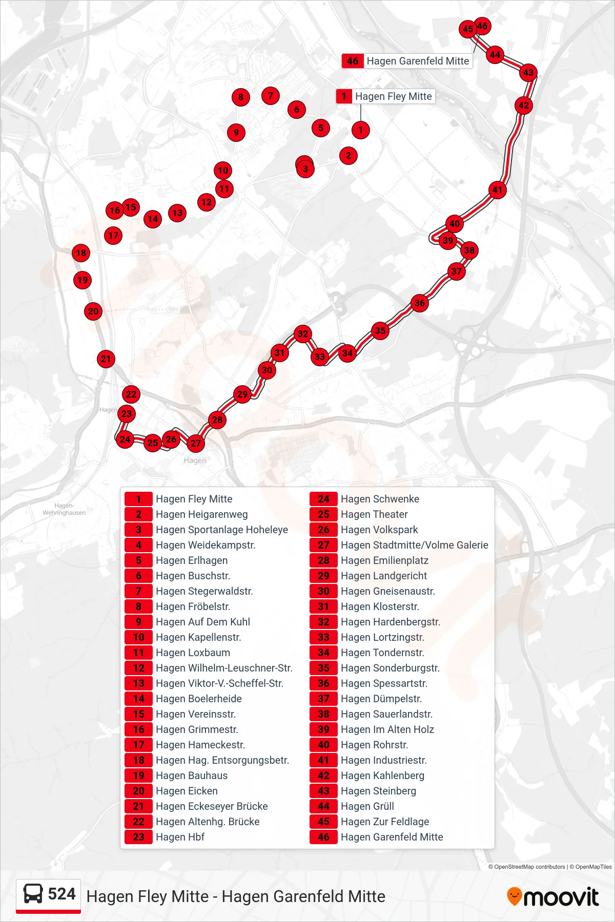 524 bus Line (Hagen Garenfeld Mitte) route and stops on a map