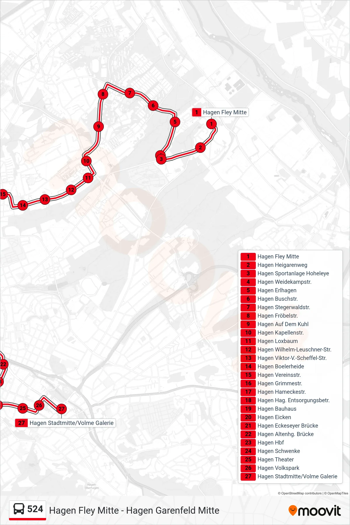 Linie 524 (Bus) Richtung Hagen Stadtmitte/Volme Galerie: Route und Haltestellen auf der Karte