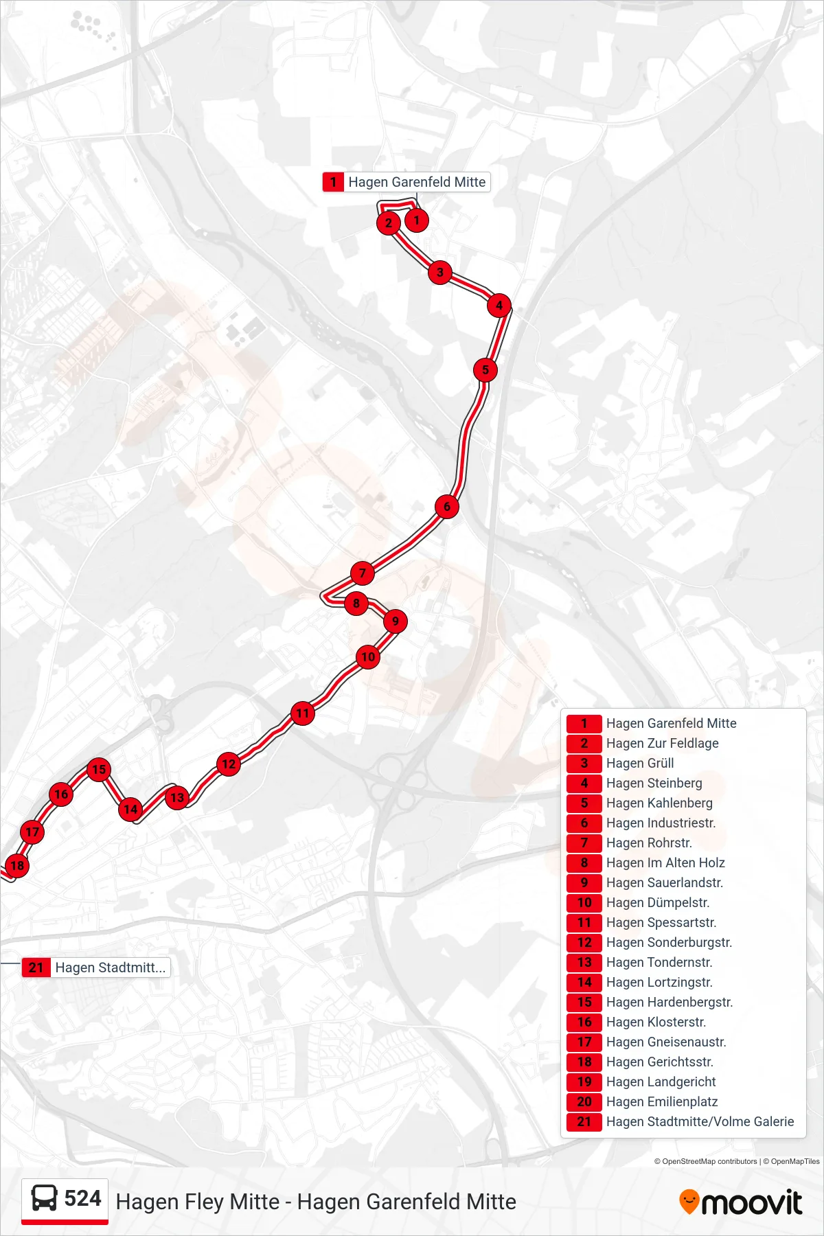 524 bus Line (Hagen Stadtmitte/Volme Galerie) route and stops on a map