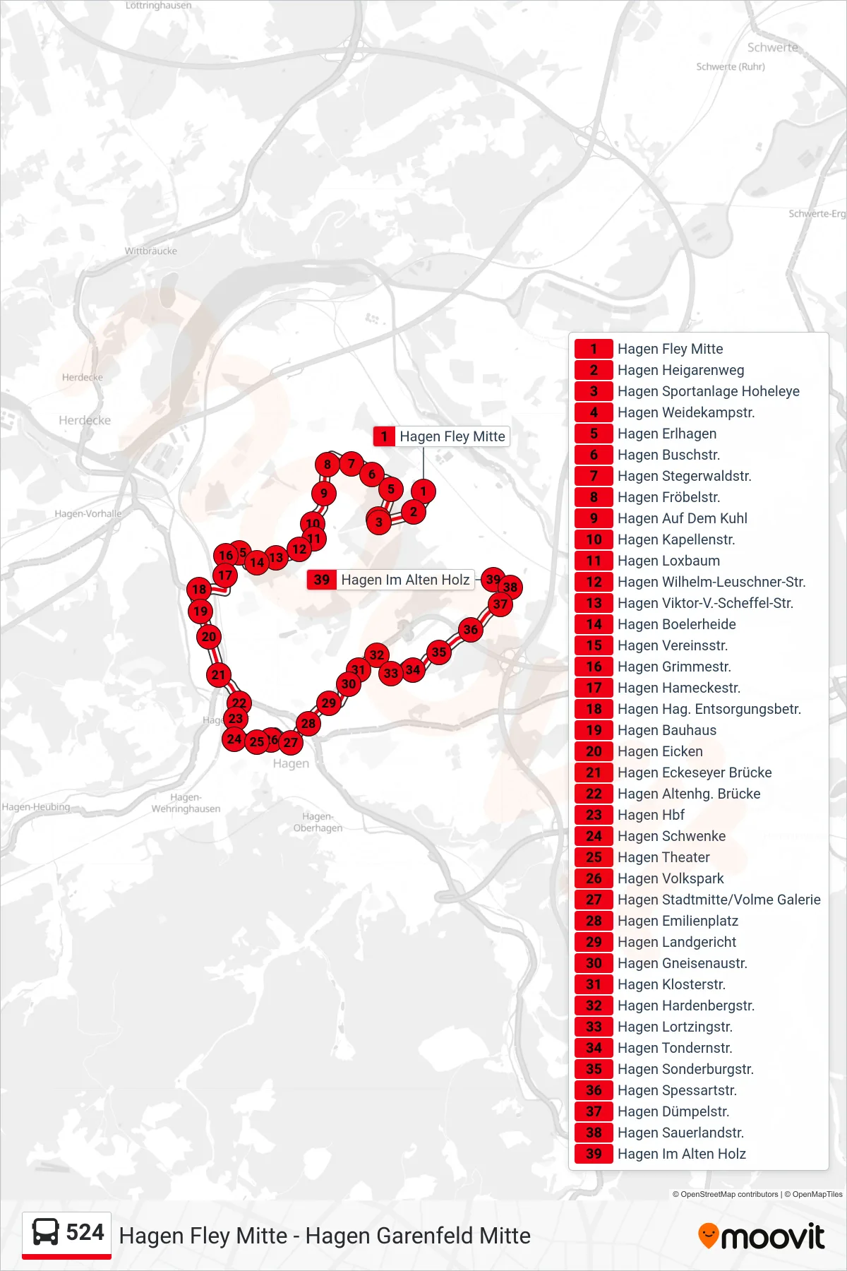 524 bus Line (Hagen Im Alten Holz) route and stops on a map