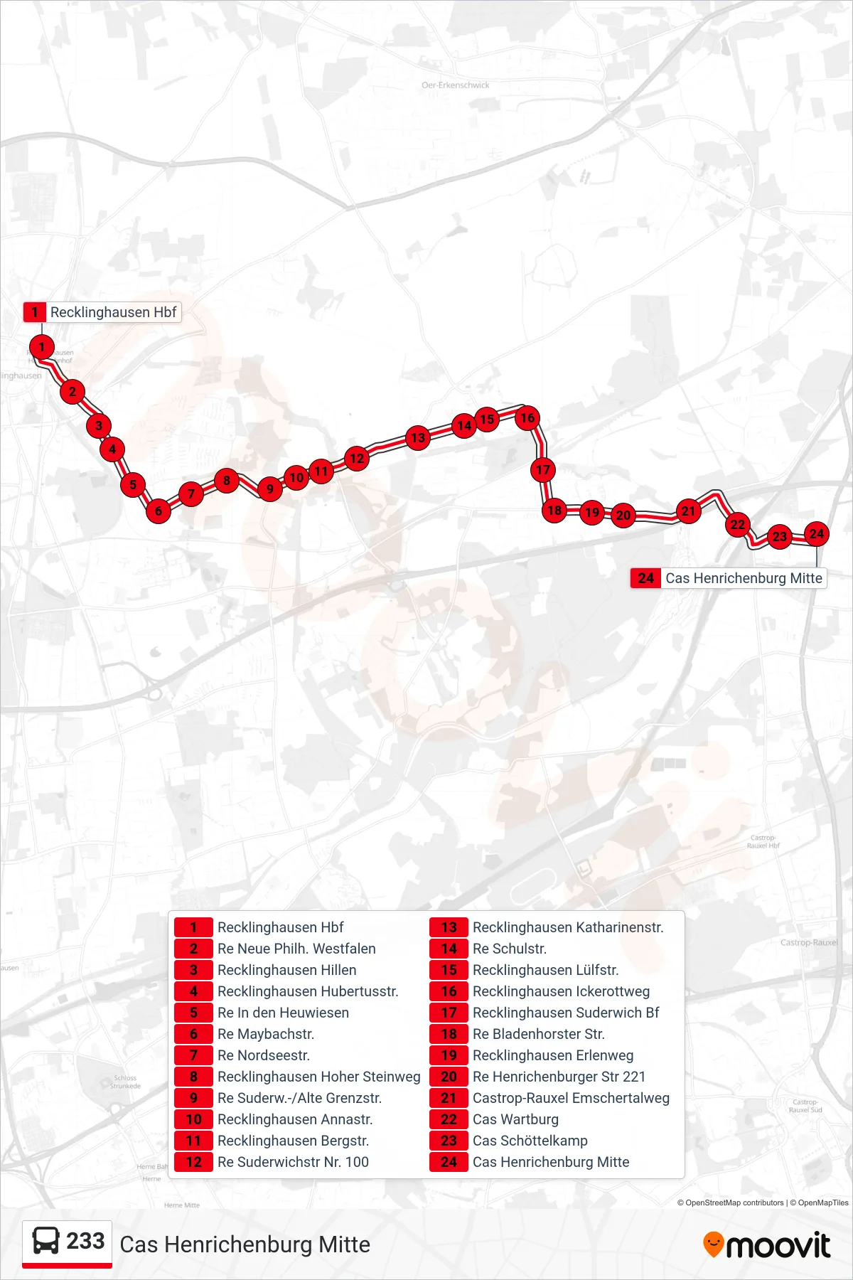 Linie 233 (Bus) Richtung Cas Henrichenburg Mitte: Route und Haltestellen auf der Karte