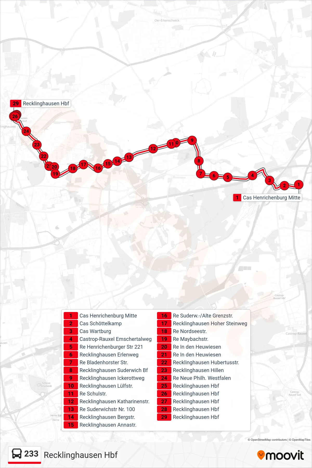 Linie 233 (Bus) Richtung Recklinghausen Hbf: Route und Haltestellen auf der Karte