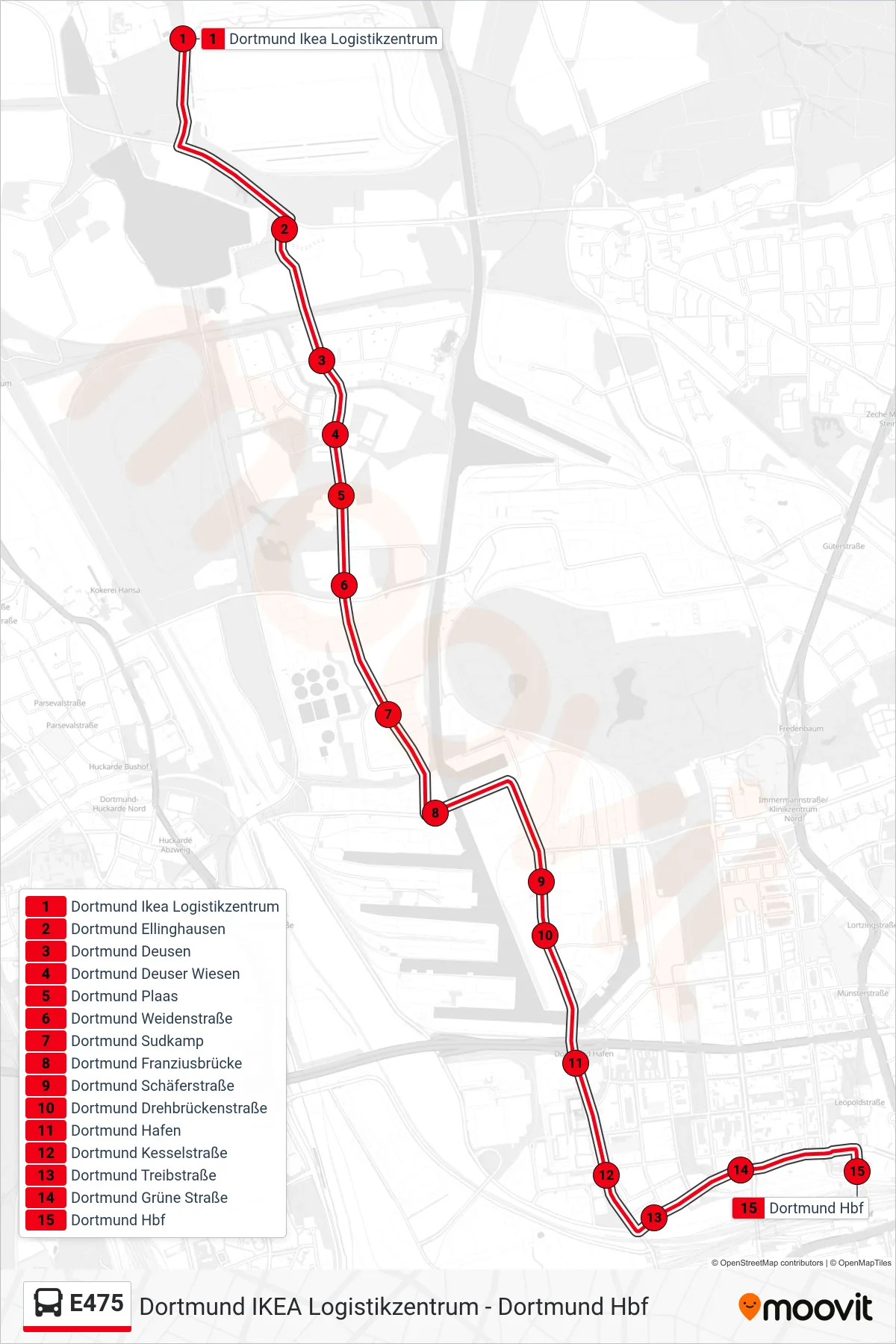 Linie E475 (Bus) Richtung Dortmund Hbf: Route und Haltestellen auf der Karte