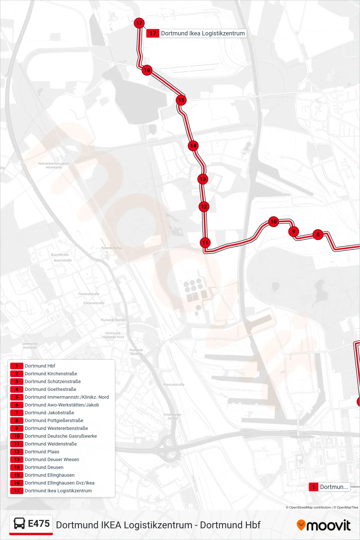 Linie E475 (Bus) Richtung Dortmund Ikea Logistikzentrum: Route und Haltestellen auf der Karte