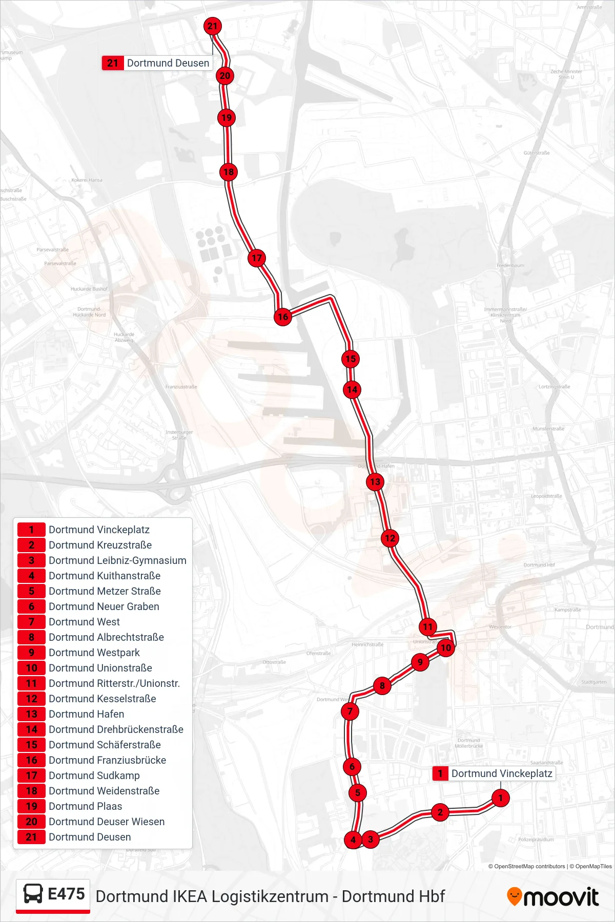 E475 bus Line (Dortmund Deusen) route and stops on a map