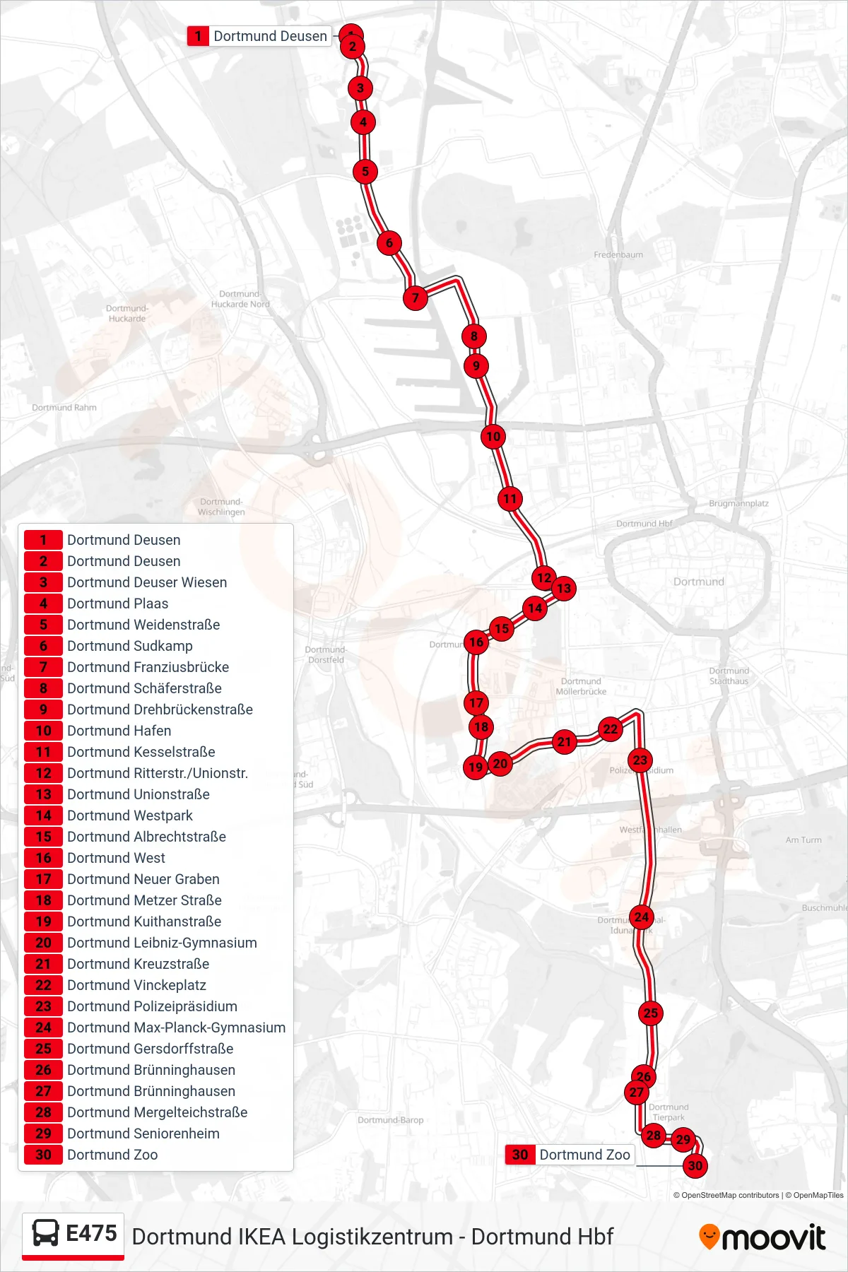 Linie E475 (Bus) Richtung Dortmund Zoo: Route und Haltestellen auf der Karte
