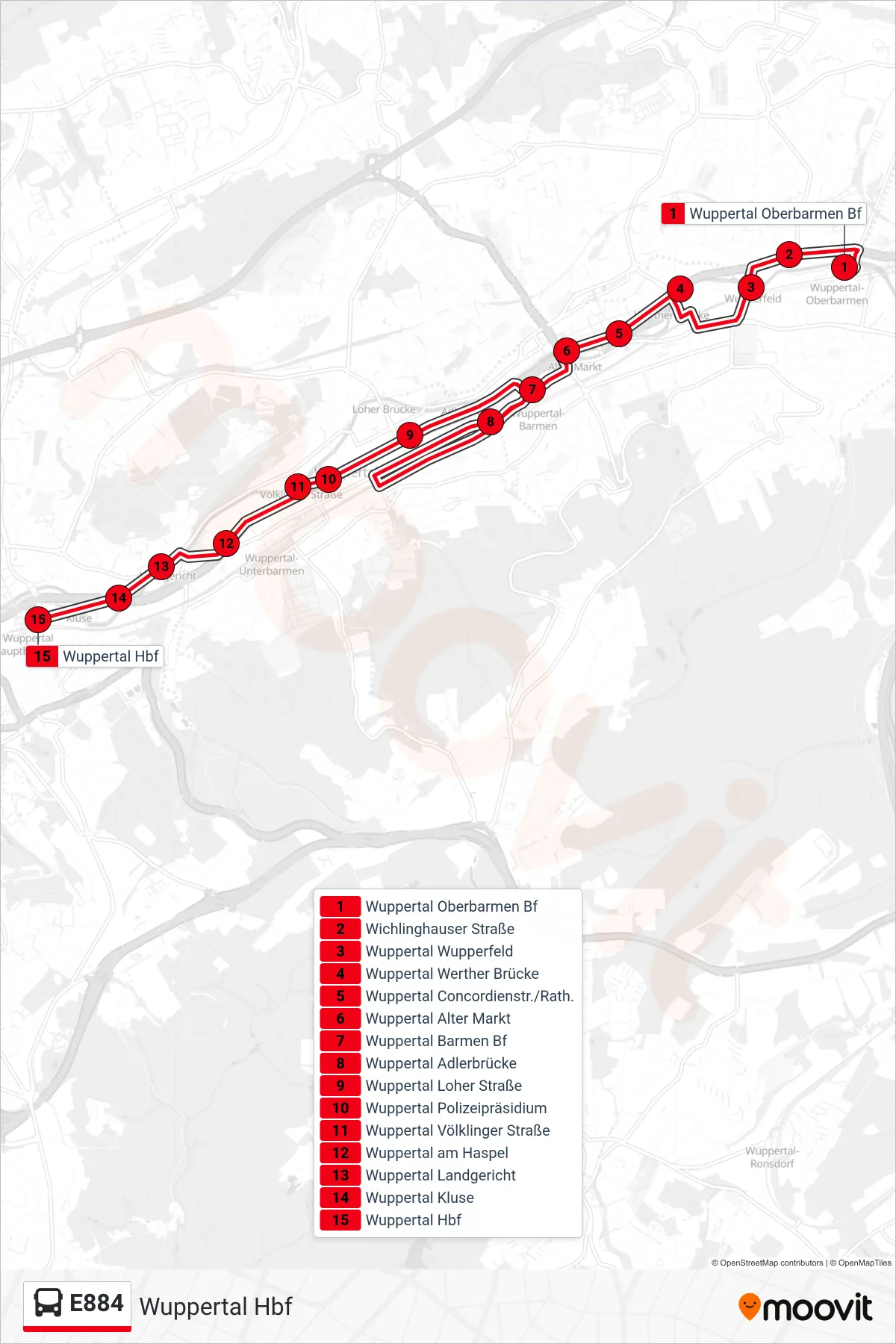 Linie E884 (Bus) Richtung Wuppertal Hbf: Route und Haltestellen auf der Karte