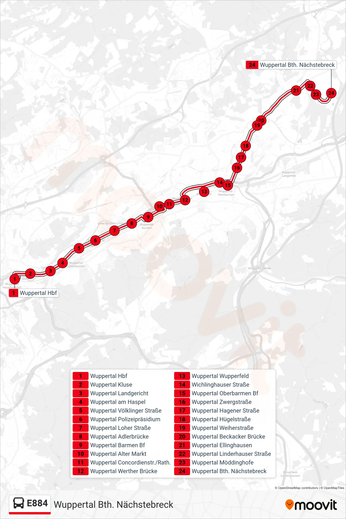 Linie E884 (Bus) Richtung Wuppertal Bth. Nächstebreck: Route und Haltestellen auf der Karte