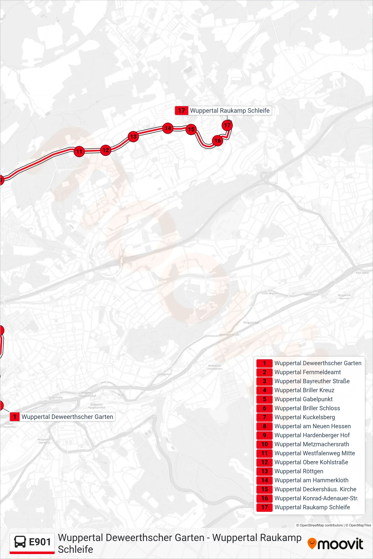 Linie E901 (Bus) Richtung Wuppertal Raukamp Schleife: Route und Haltestellen auf der Karte