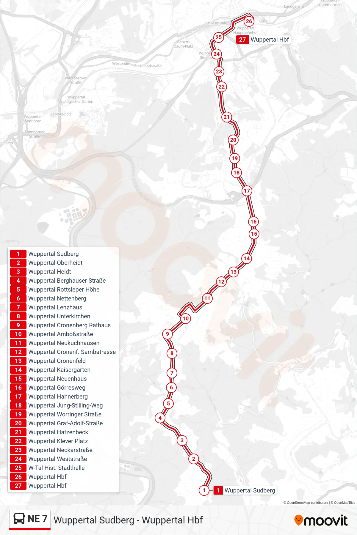 Linie NE 7 (Bus) Richtung Wuppertal Hbf: Route und Haltestellen auf der Karte