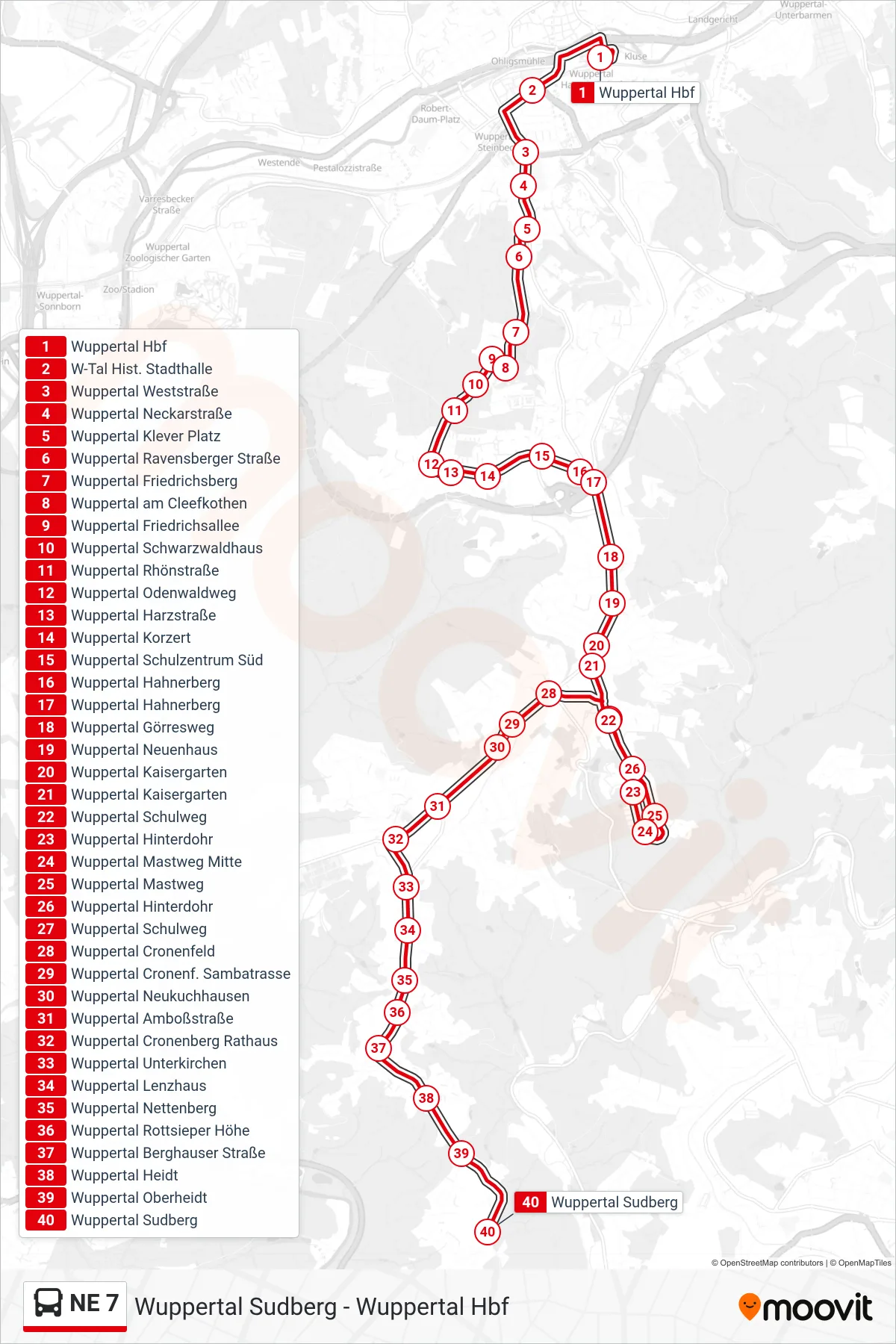 Linie NE 7 (Bus) Richtung Wuppertal Sudberg: Route und Haltestellen auf der Karte