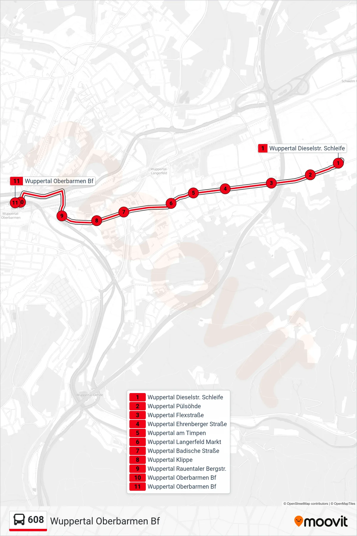 Linie 608 (Bus) Richtung Wuppertal Oberbarmen Bf: Route und Haltestellen auf der Karte