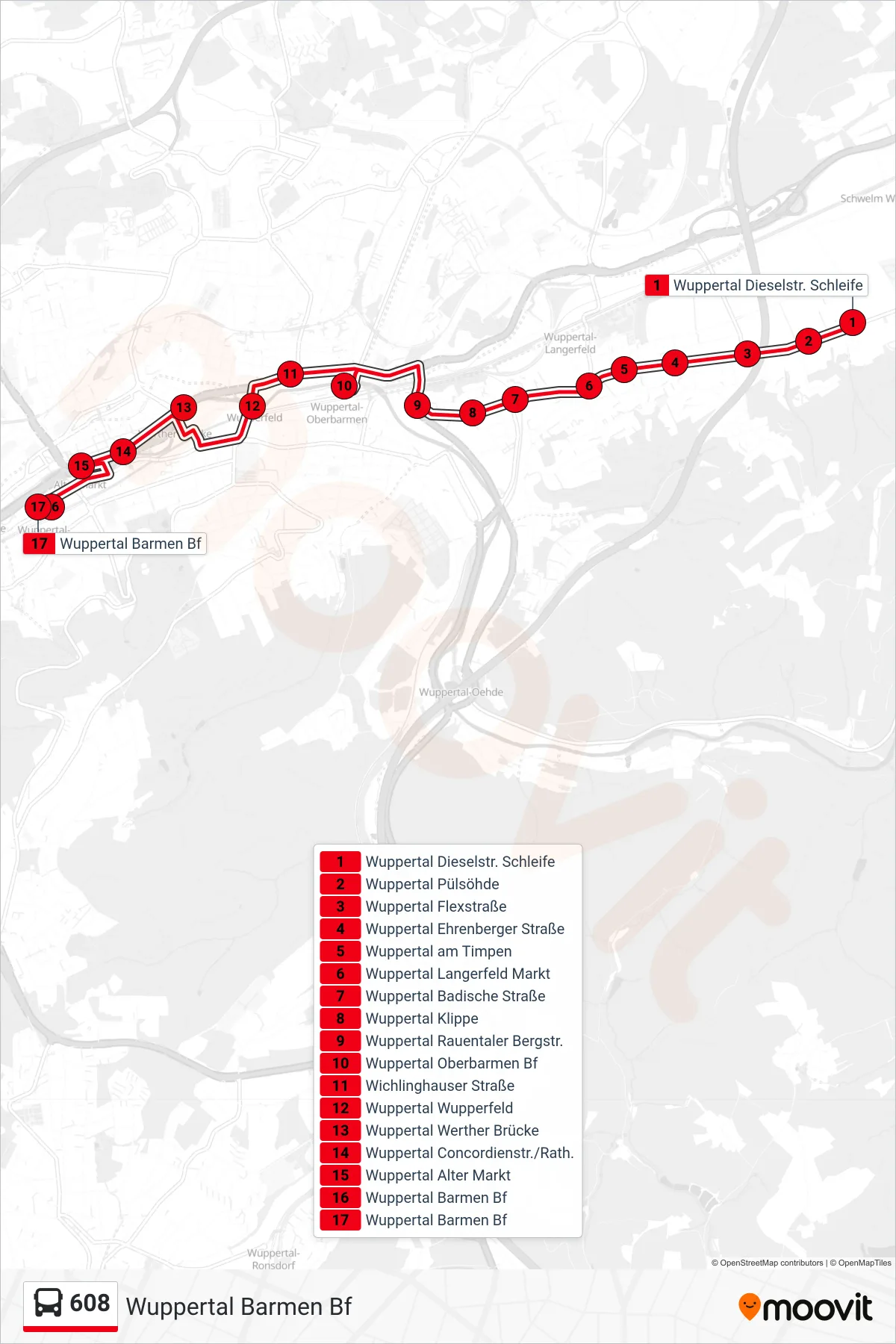 608 bus Line (Wuppertal Barmen Bf) route and stops on a map