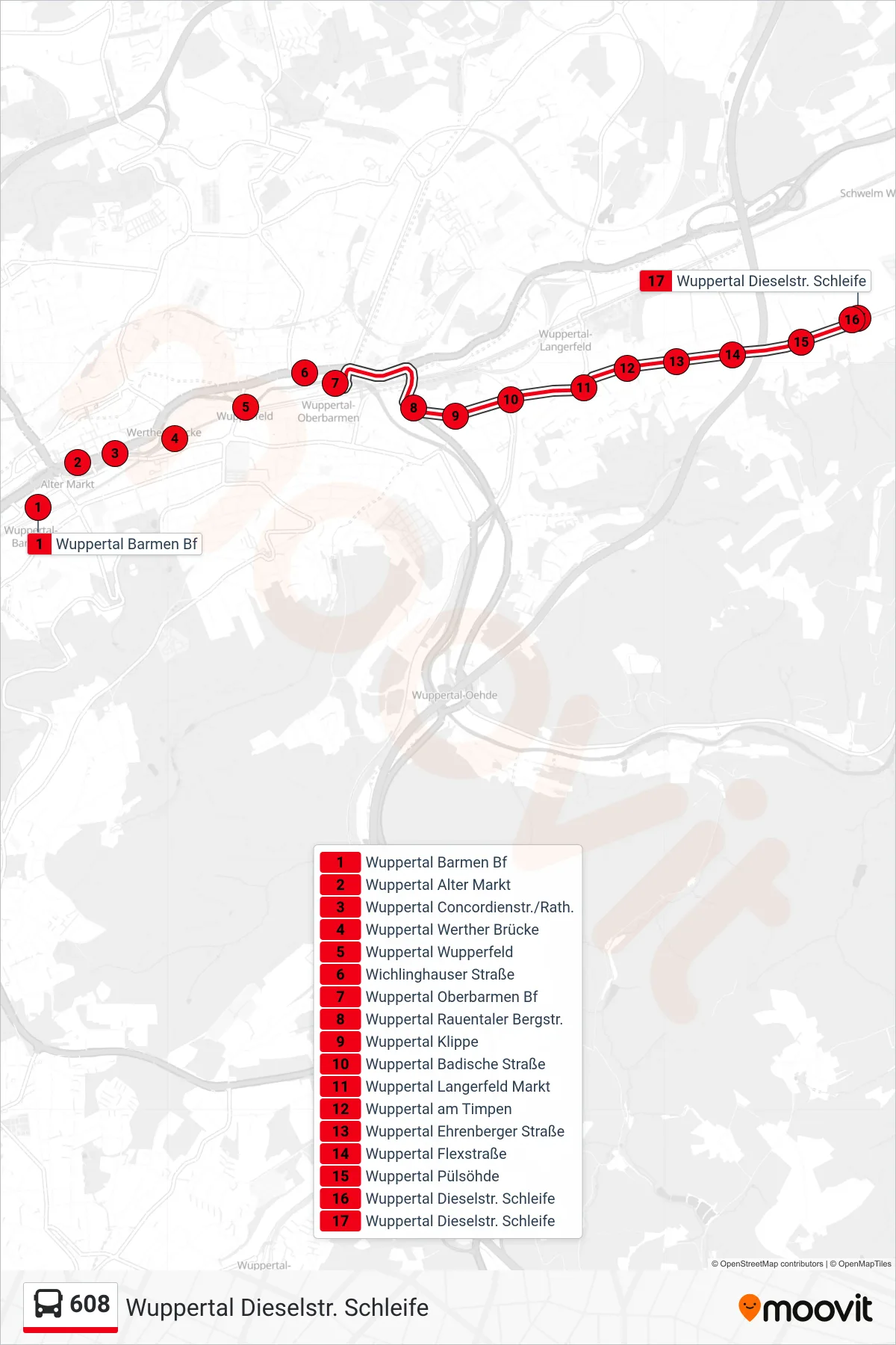 Linie 608 (Bus) Richtung Wuppertal Dieselstr. Schleife: Route und Haltestellen auf der Karte