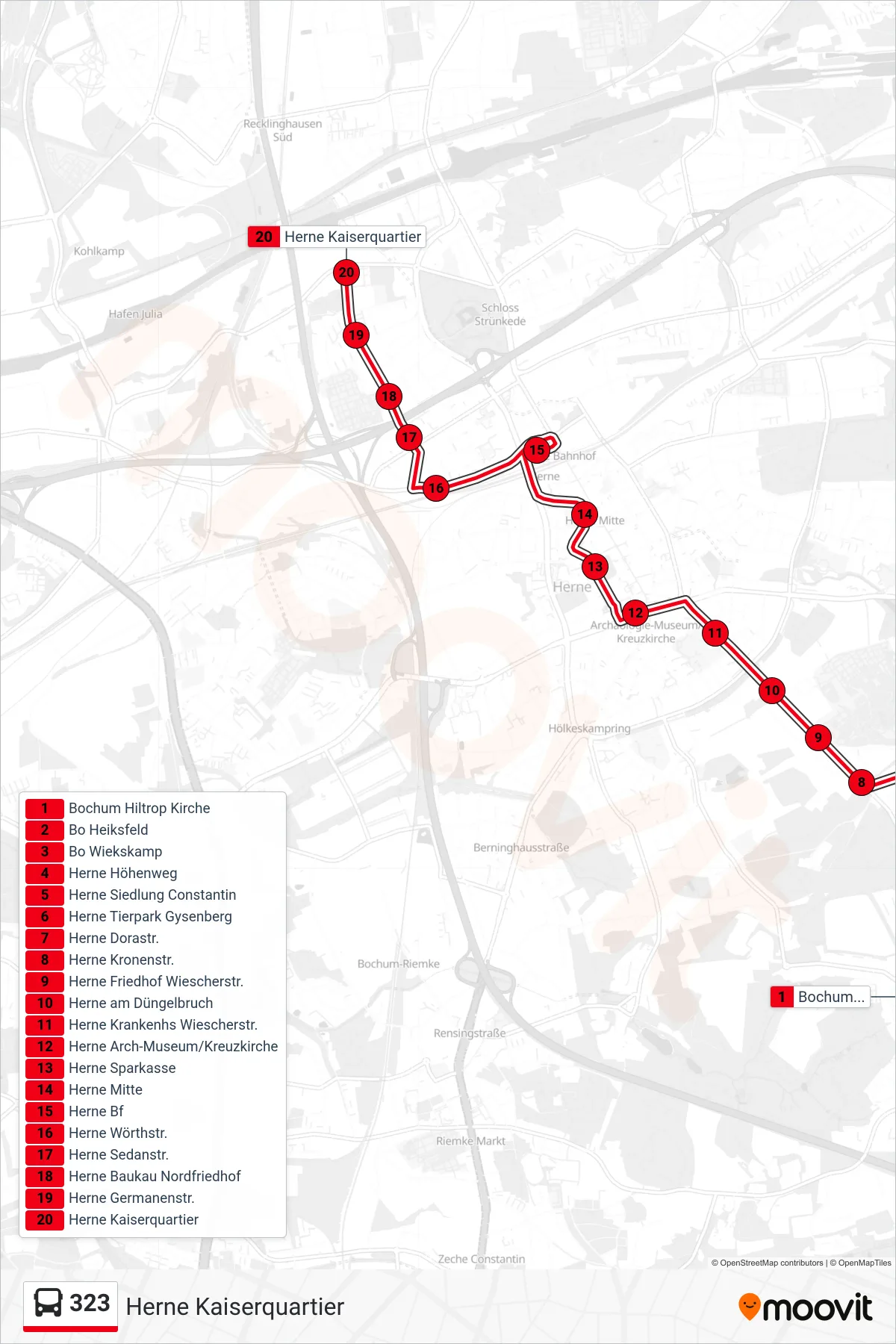 Linie 323 (Bus) Richtung Herne Kaiserquartier: Route und Haltestellen auf der Karte