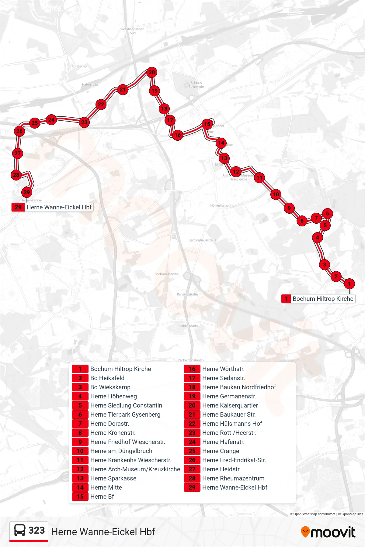 Linie 323 (Bus) Richtung Herne Wanne-Eickel Hbf: Route und Haltestellen auf der Karte