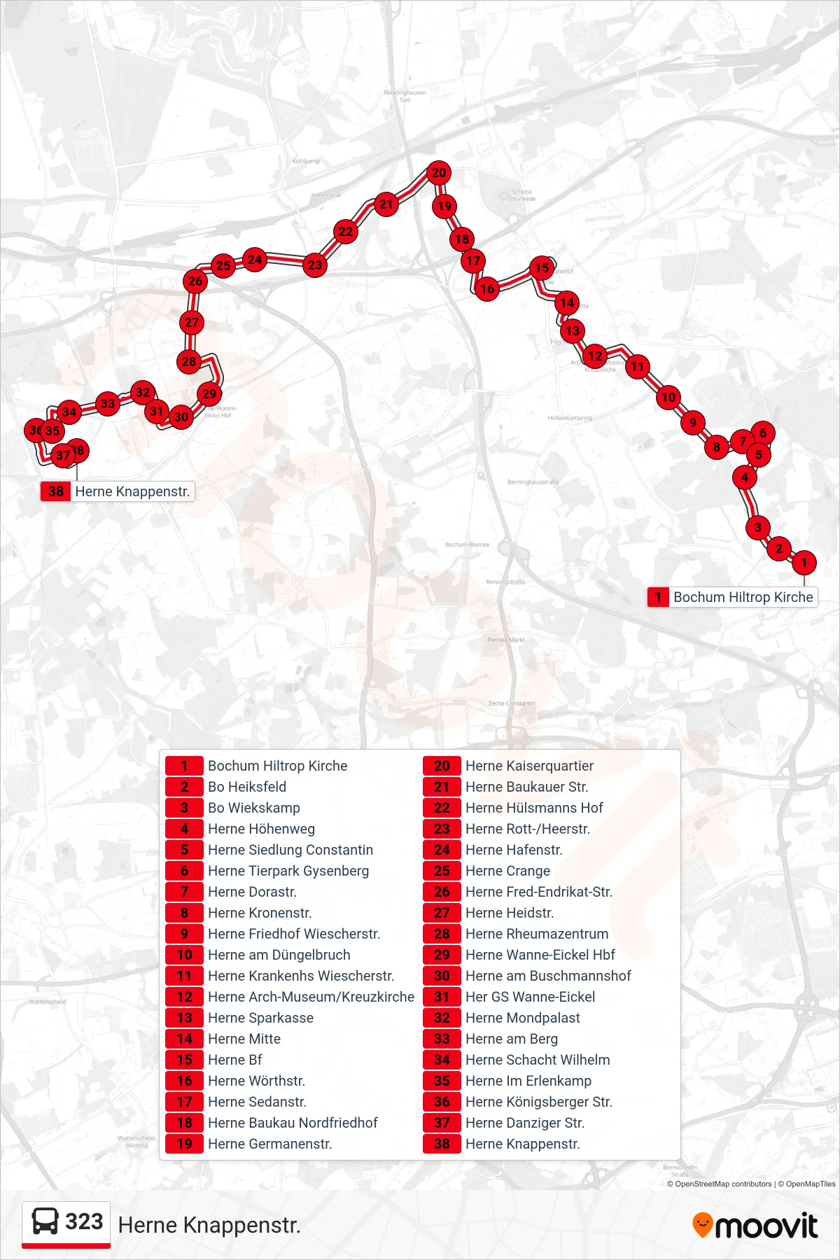 Linie 323 (Bus) Richtung Herne Knappenstr.: Route und Haltestellen auf der Karte