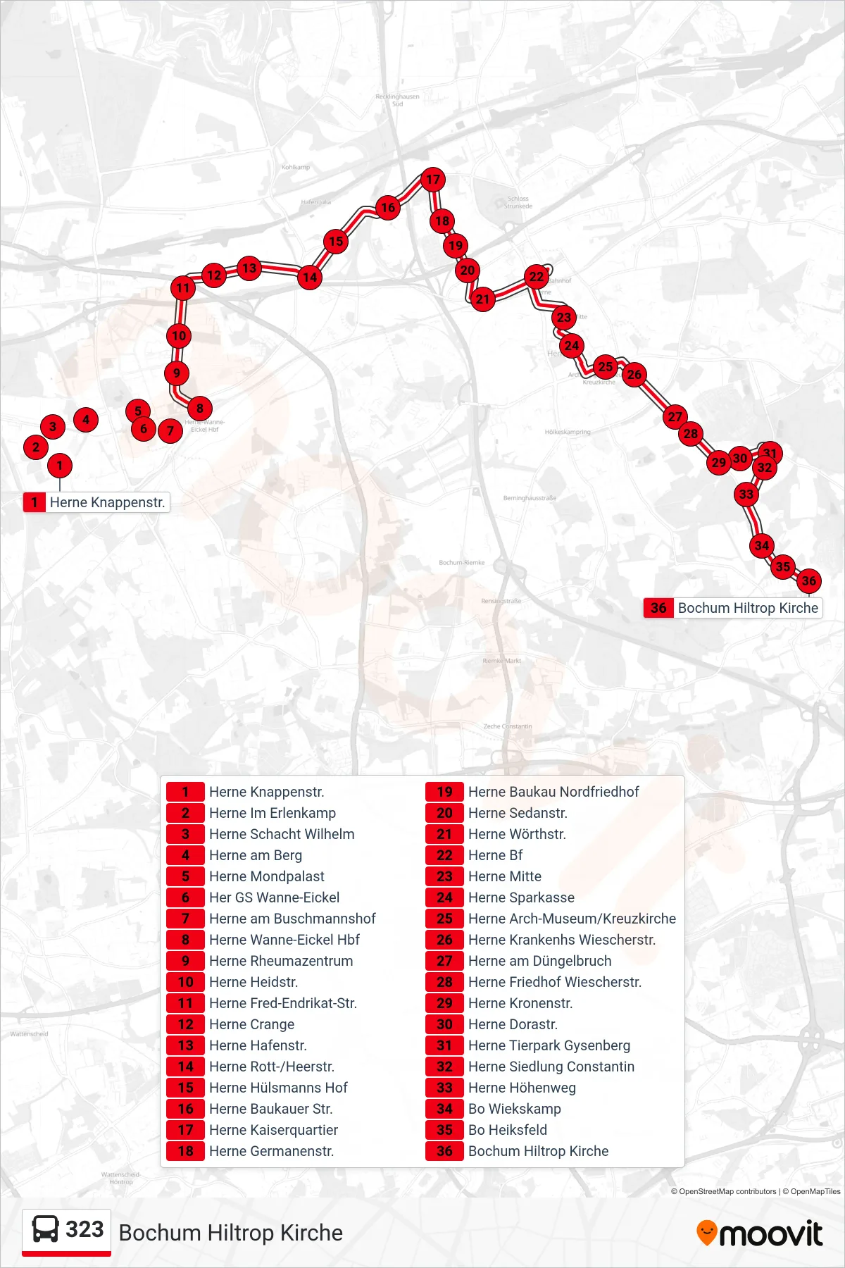 Linie 323 (Bus) Richtung Bochum Hiltrop Kirche: Route und Haltestellen auf der Karte
