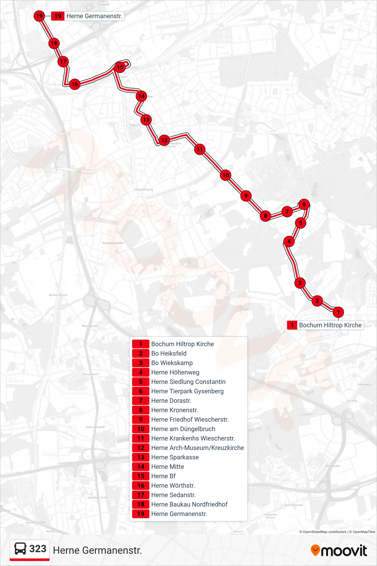 Linie 323 (Bus) Richtung Herne Germanenstr.: Route und Haltestellen auf der Karte
