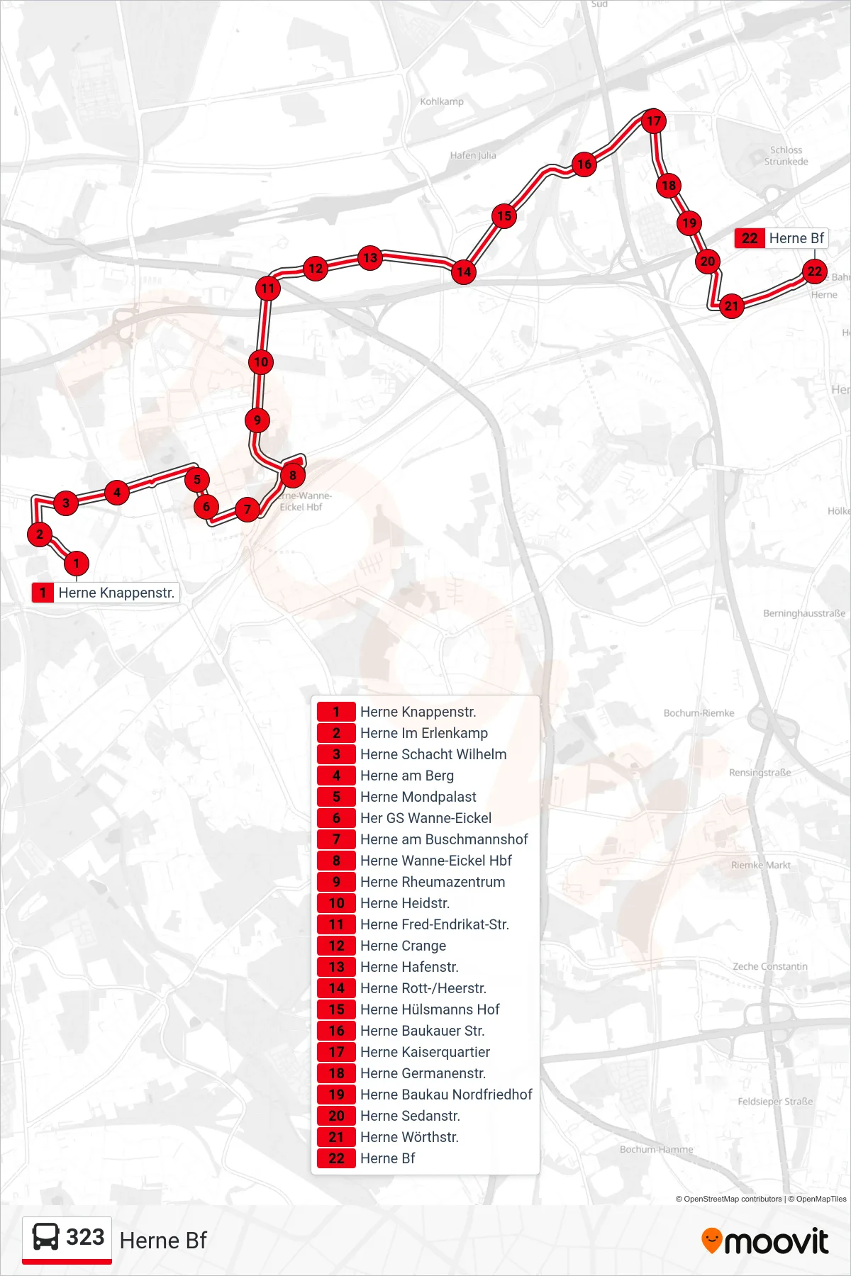 Linie 323 (Bus) Richtung Herne Bf: Route und Haltestellen auf der Karte