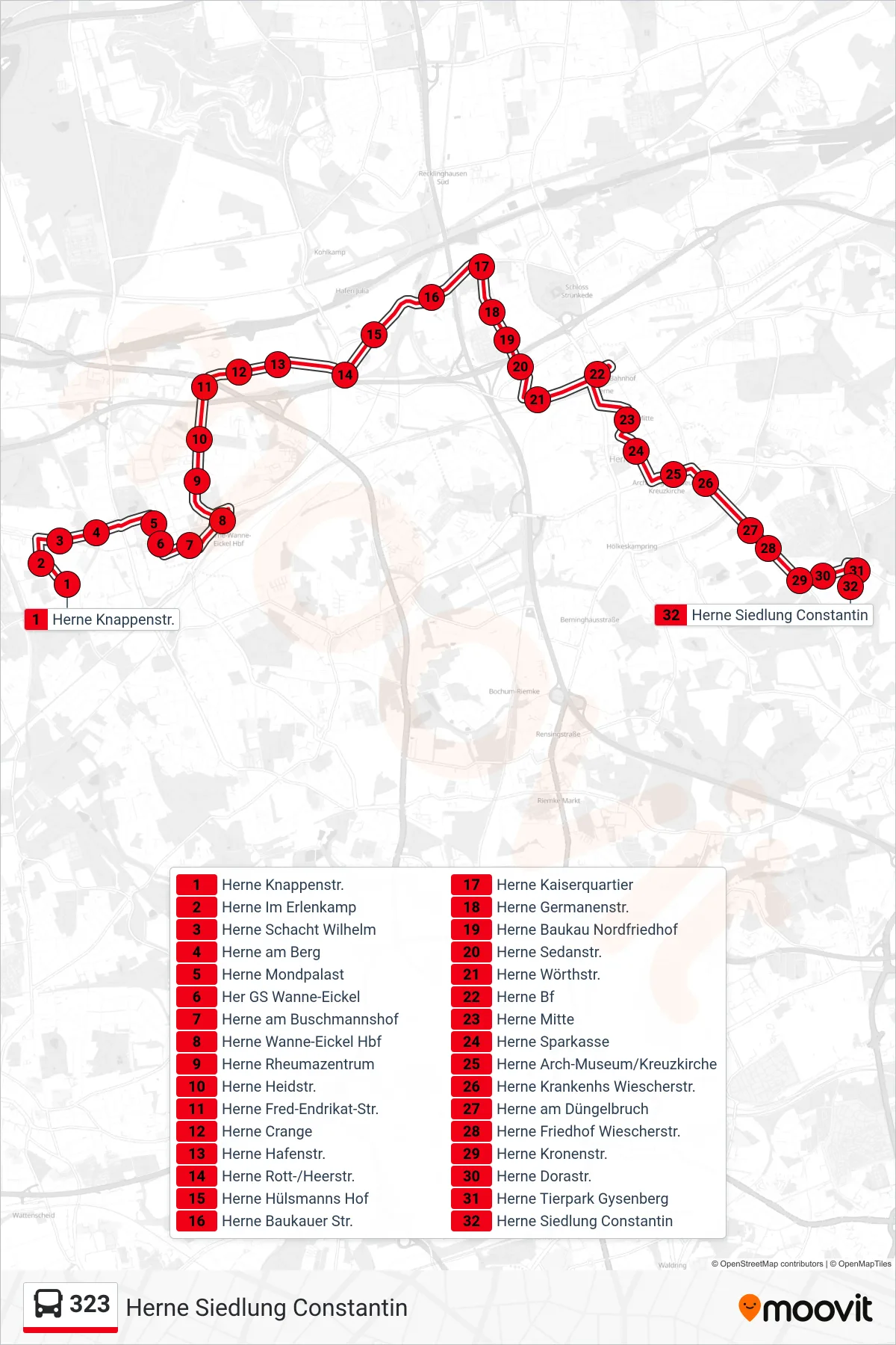 323 bus Line (Herne Siedlung Constantin) route and stops on a map