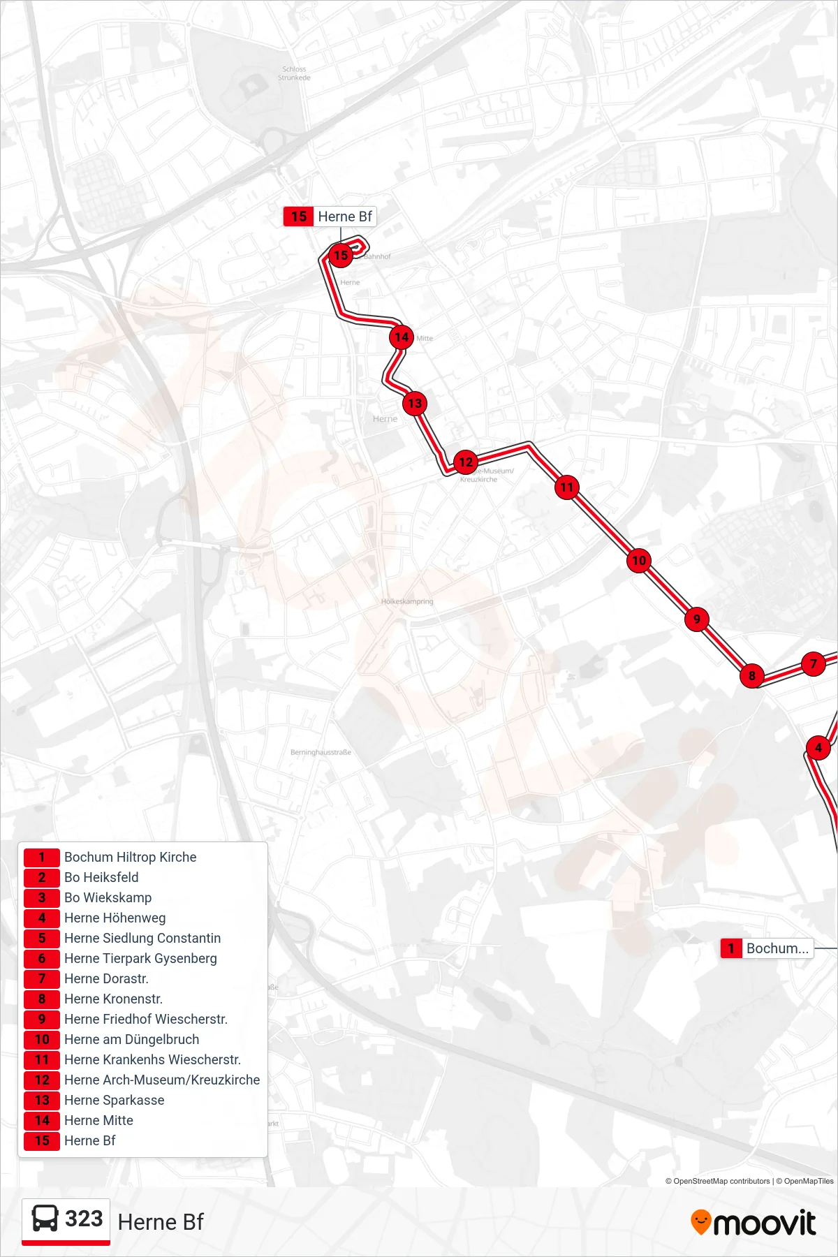 323 bus Line (Herne Bf) route and stops on a map