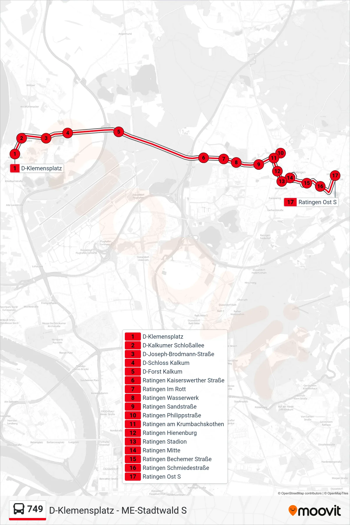 Linie 749 (Bus) Richtung Ratingen Ost S: Route und Haltestellen auf der Karte