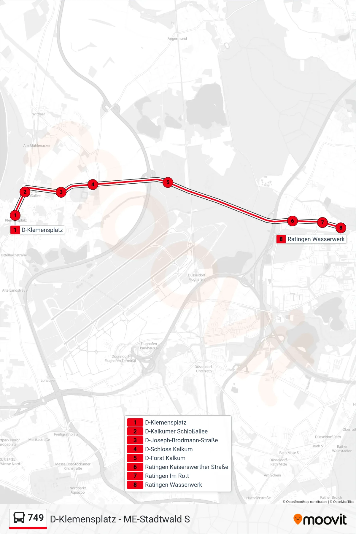 Linie 749 (Bus) Richtung Ratingen Wasserwerk: Route und Haltestellen auf der Karte