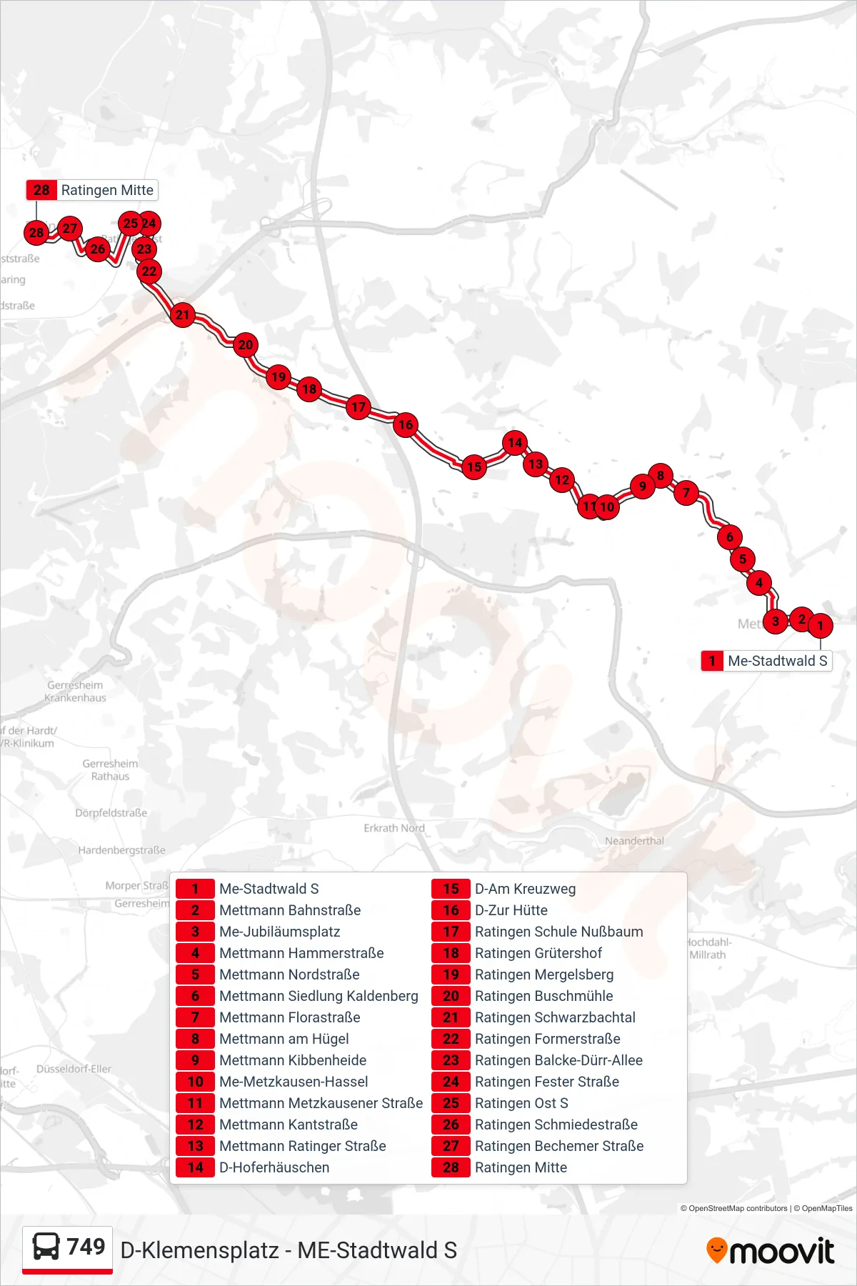 Linie 749 (Bus) Richtung Ratingen Mitte: Route und Haltestellen auf der Karte