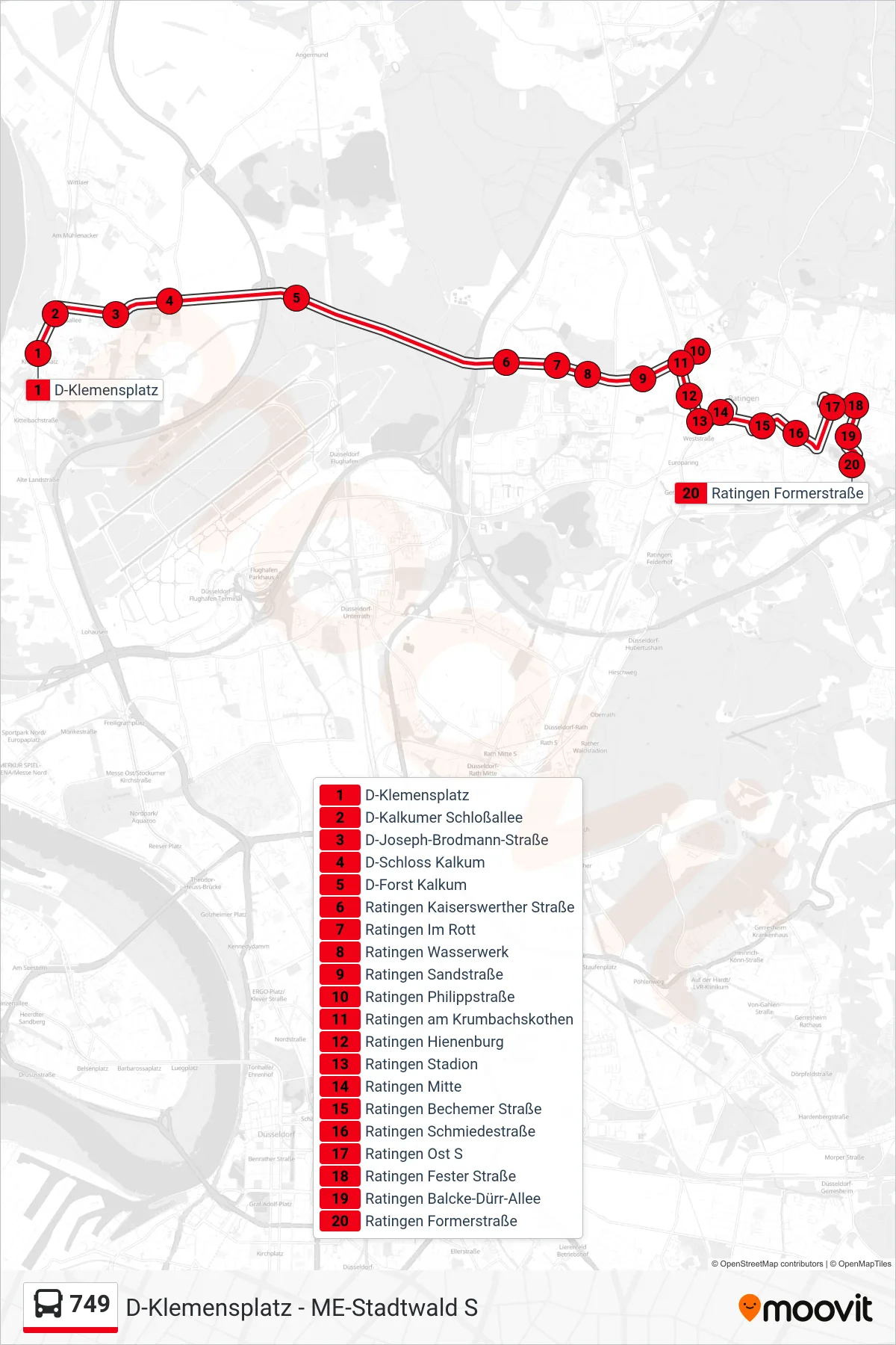 Linie 749 (Bus) Richtung Ratingen Formerstraße: Route und Haltestellen auf der Karte