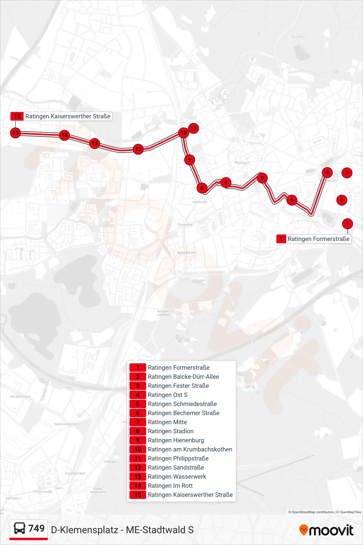 Linie 749 (Bus) Richtung Ratingen Kaiserswerther Straße: Route und Haltestellen auf der Karte