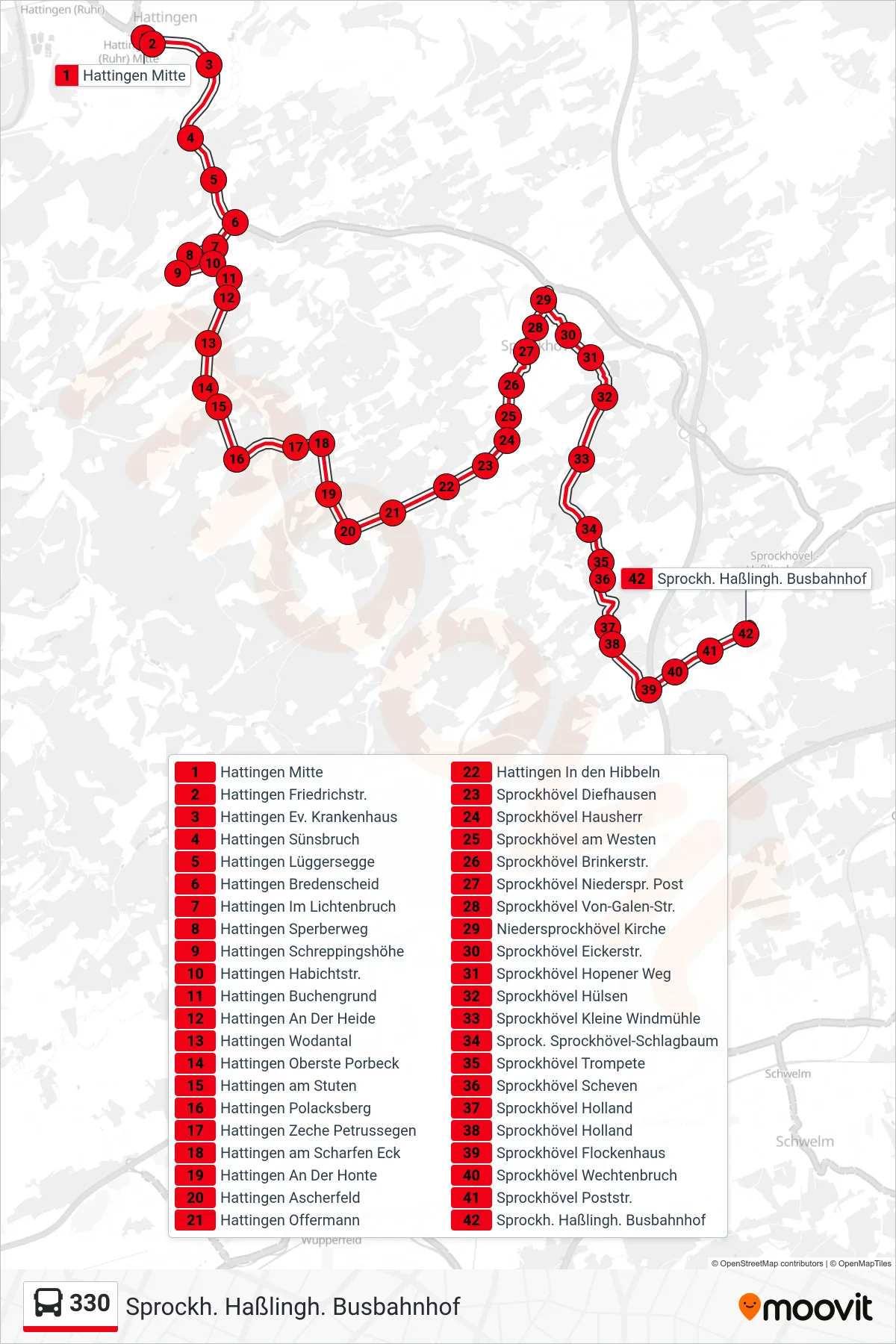 Linie 330 (Bus) Richtung Sprockh. Haßlingh. Busbahnhof: Route und Haltestellen auf der Karte