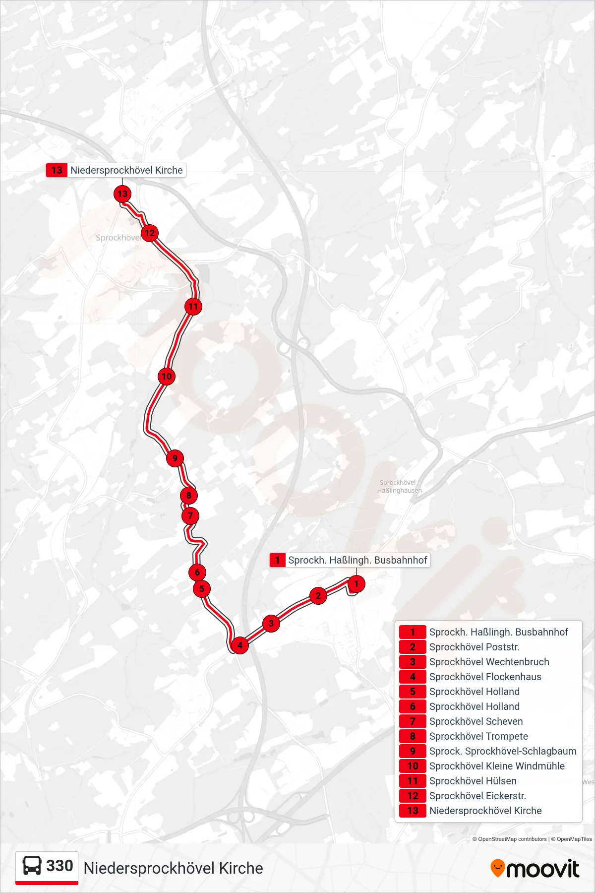 Linie 330 (Bus) Richtung Niedersprockhövel Kirche: Route und Haltestellen auf der Karte