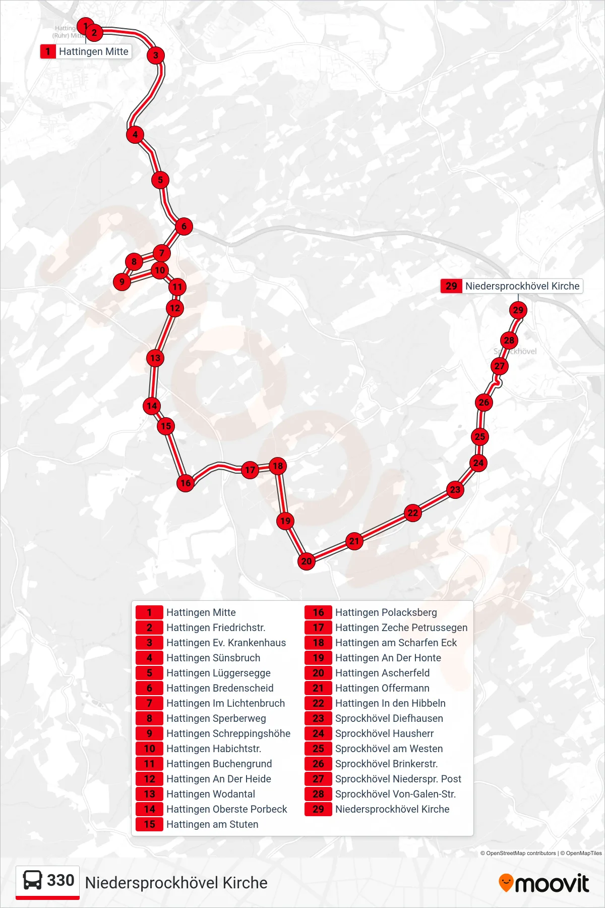 330 bus Line (Niedersprockhövel Kirche) route and stops on a map