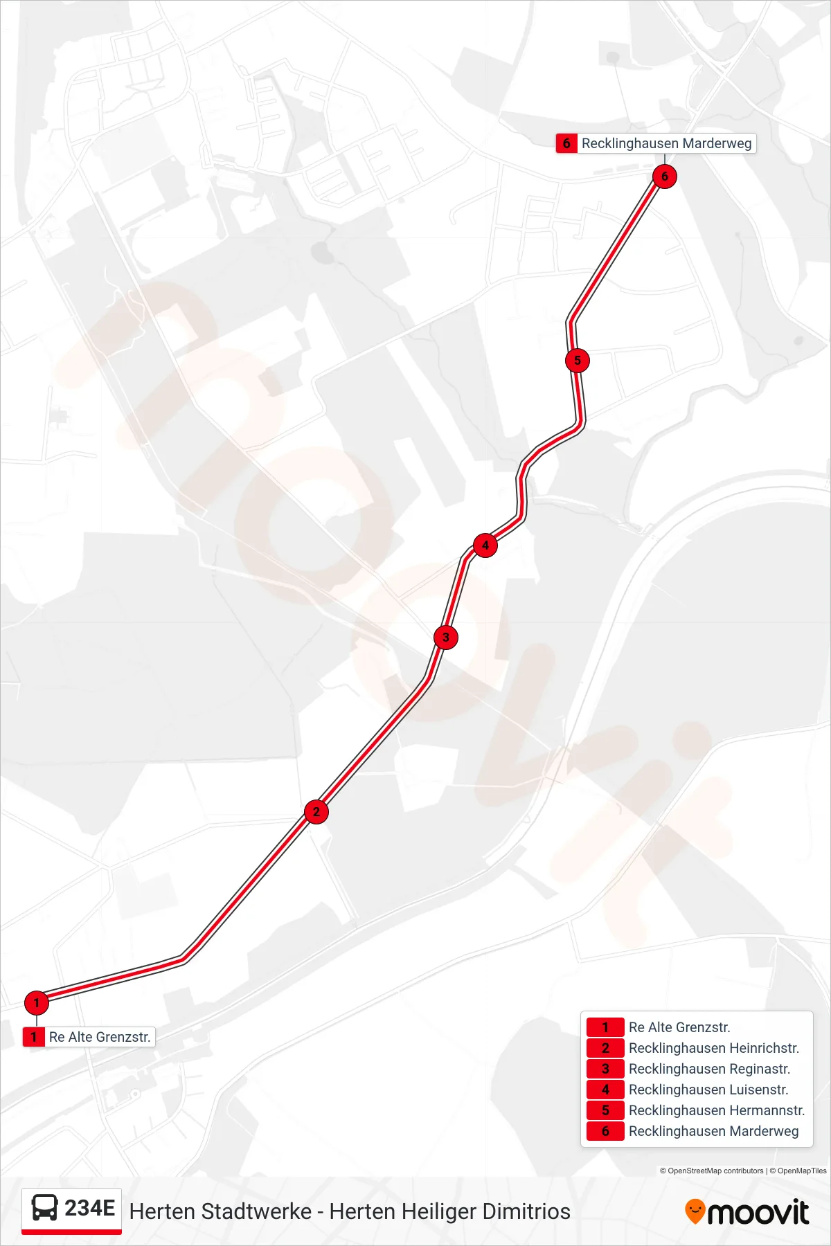 Linie 234E (Bus) Richtung Recklinghausen Marderweg: Route und Haltestellen auf der Karte