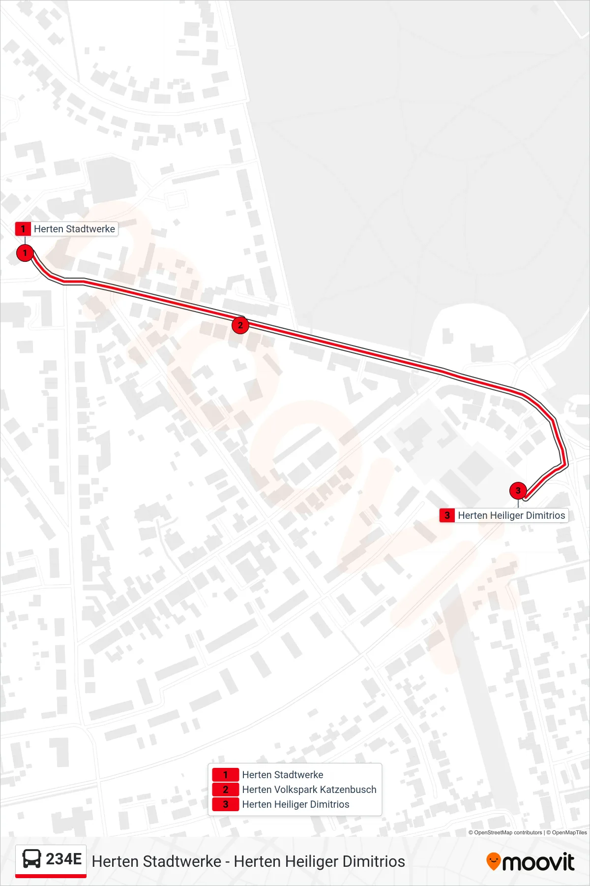 234E bus Line (Herten Heiliger Dimitrios) route and stops on a map