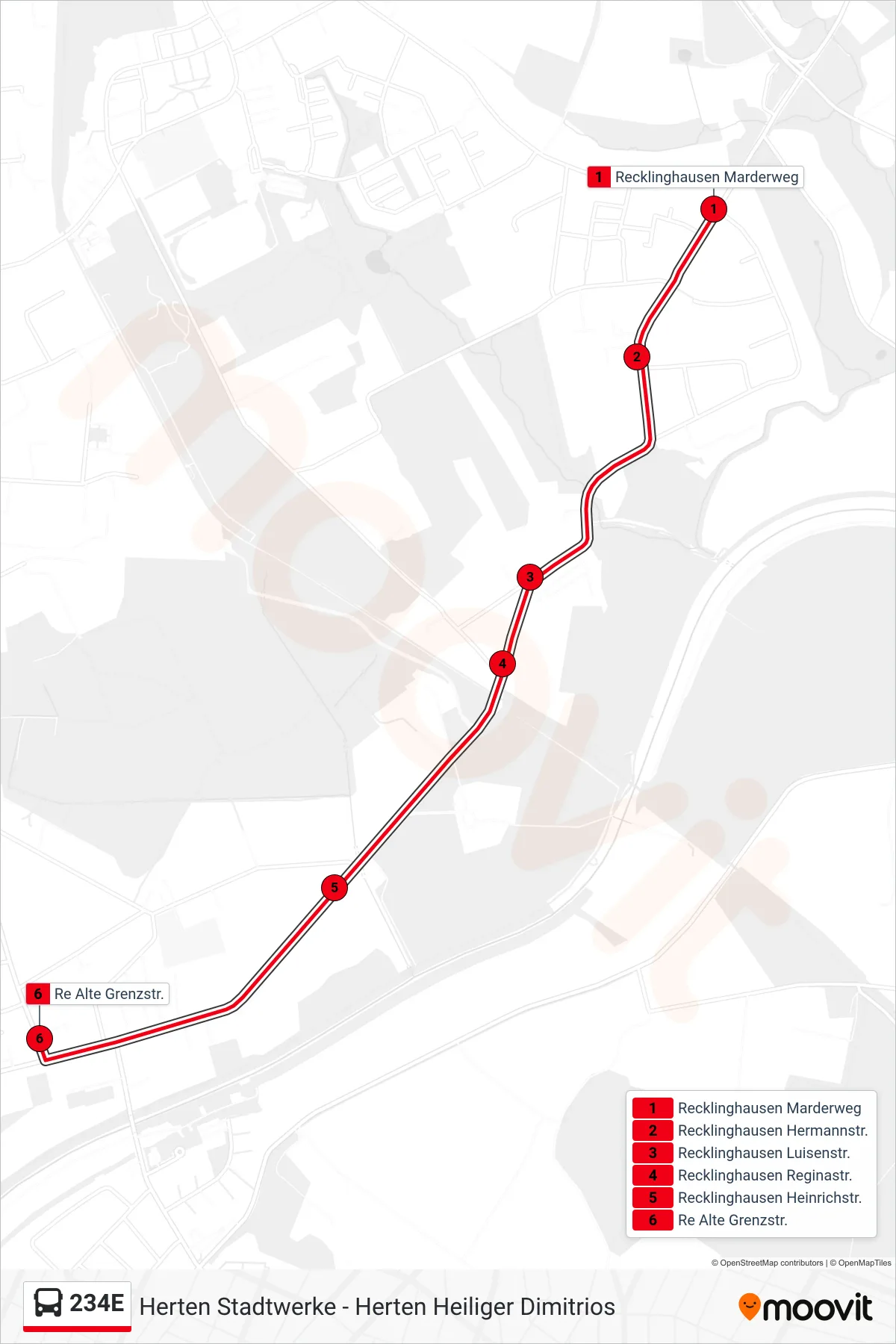 Linie 234E (Bus) Richtung Re Alte Grenzstr.: Route und Haltestellen auf der Karte
