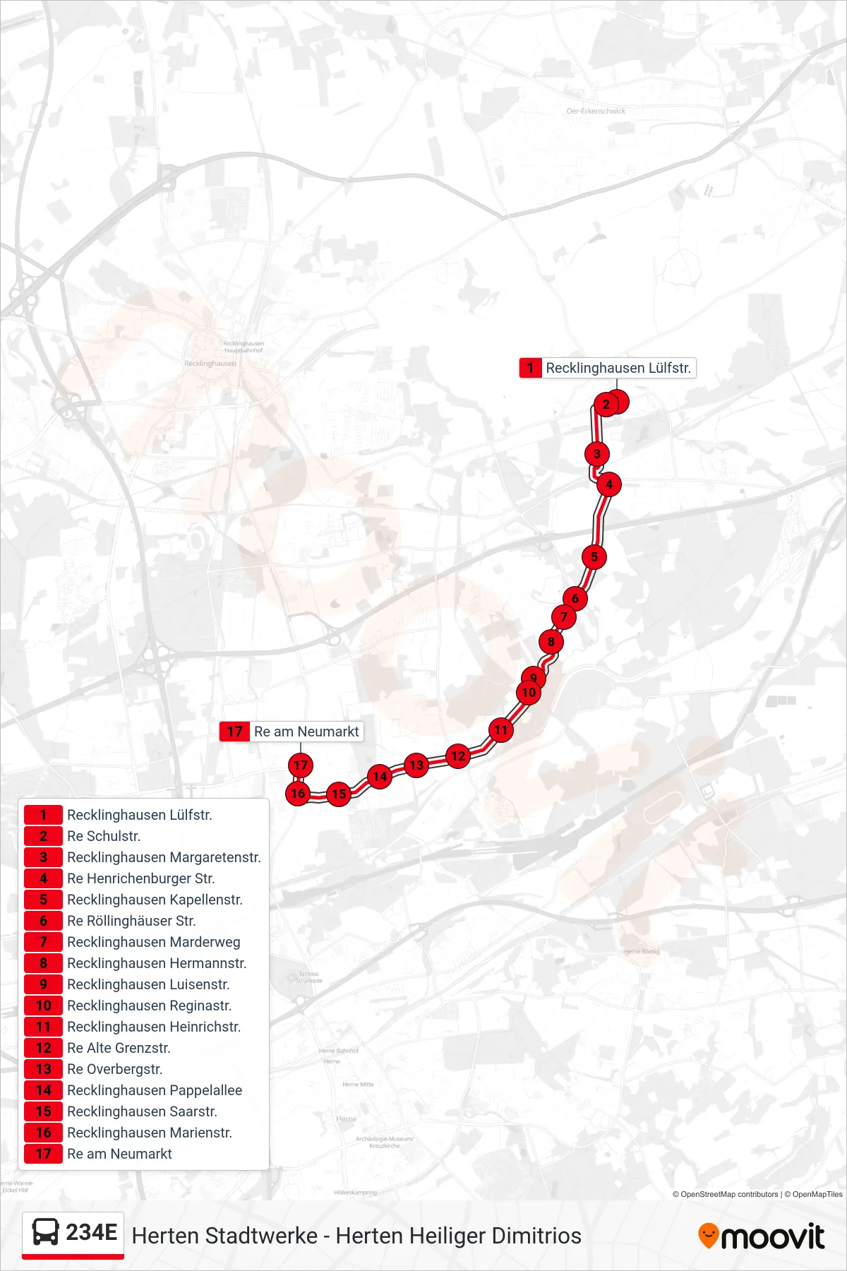 Linie 234E (Bus) Richtung Re am Neumarkt: Route und Haltestellen auf der Karte