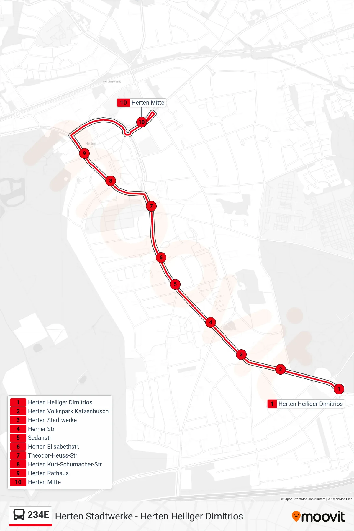 Linie 234E (Bus) Richtung Herten Mitte: Route und Haltestellen auf der Karte