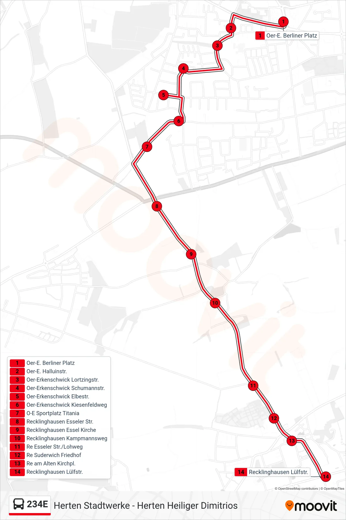 234E bus Line (Recklinghausen Lülfstr.) route and stops on a map