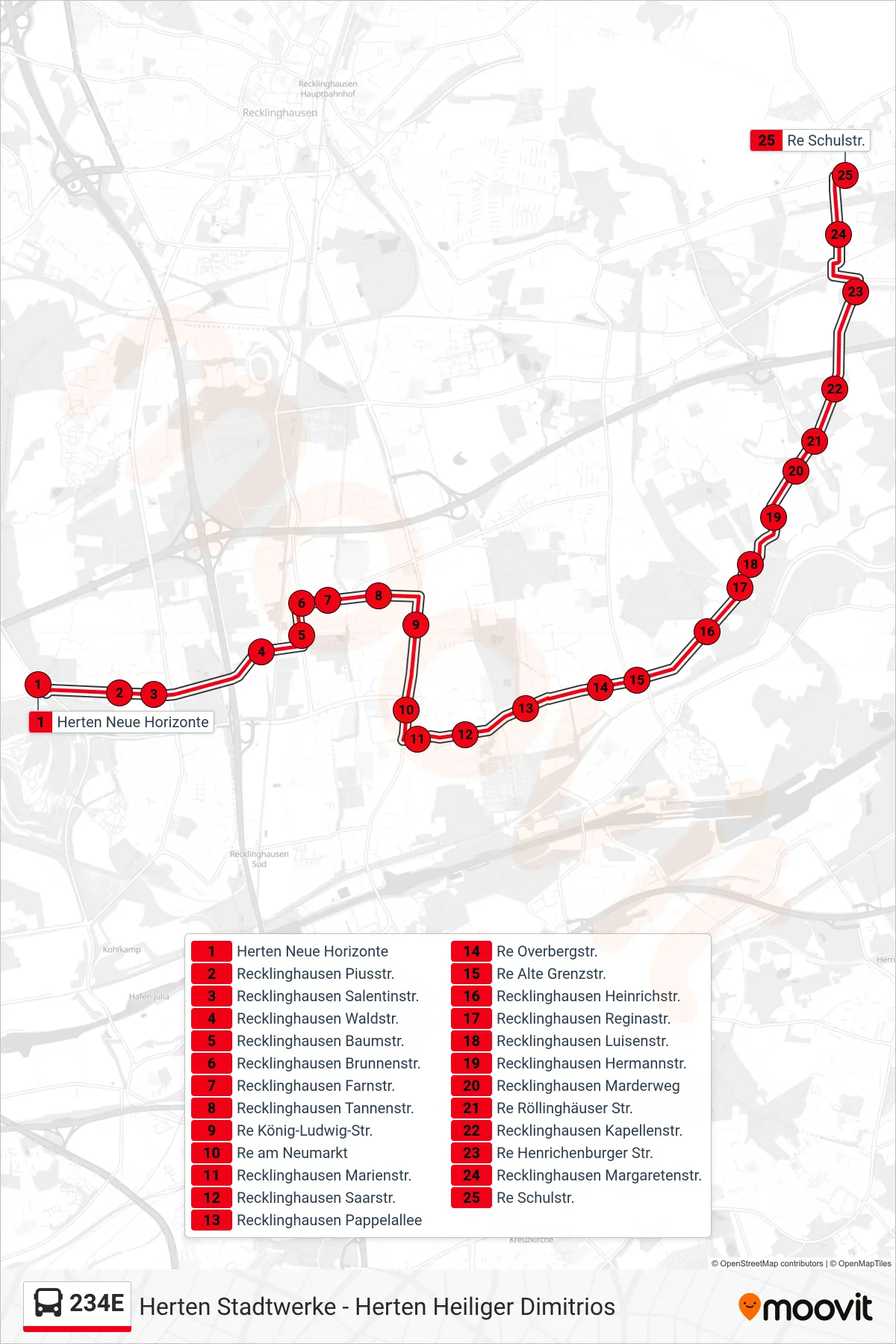 Linie 234E (Bus) Richtung Re Schulstr.: Route und Haltestellen auf der Karte