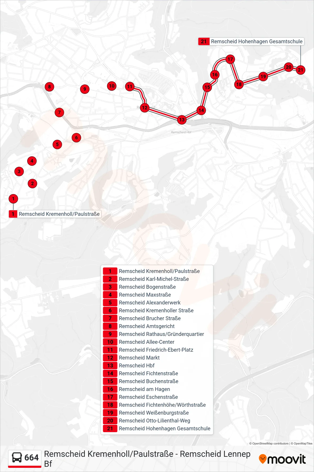 Linie 664 (Bus) Richtung Remscheid Hohenhagen Gesamtschule: Route und Haltestellen auf der Karte