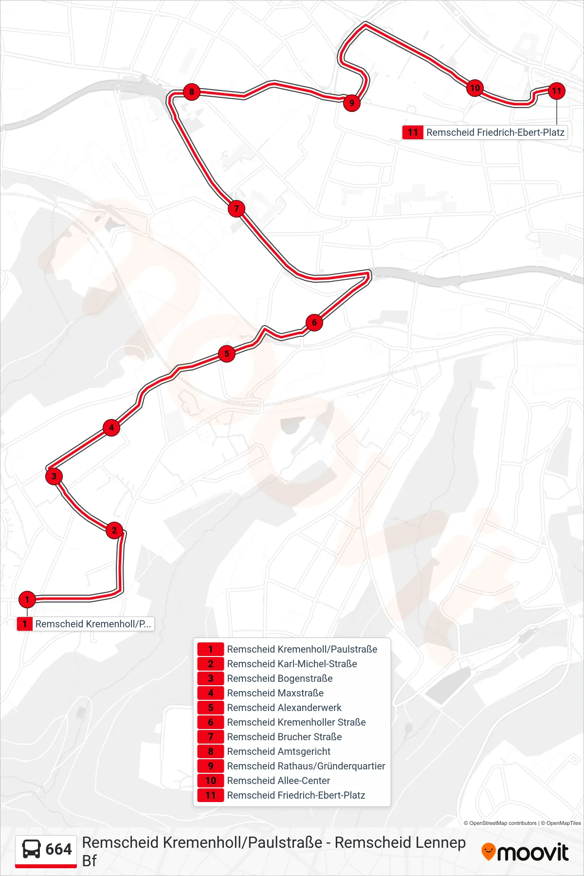 664 bus Line (Remscheid Friedrich-Ebert-Platz) route and stops on a map