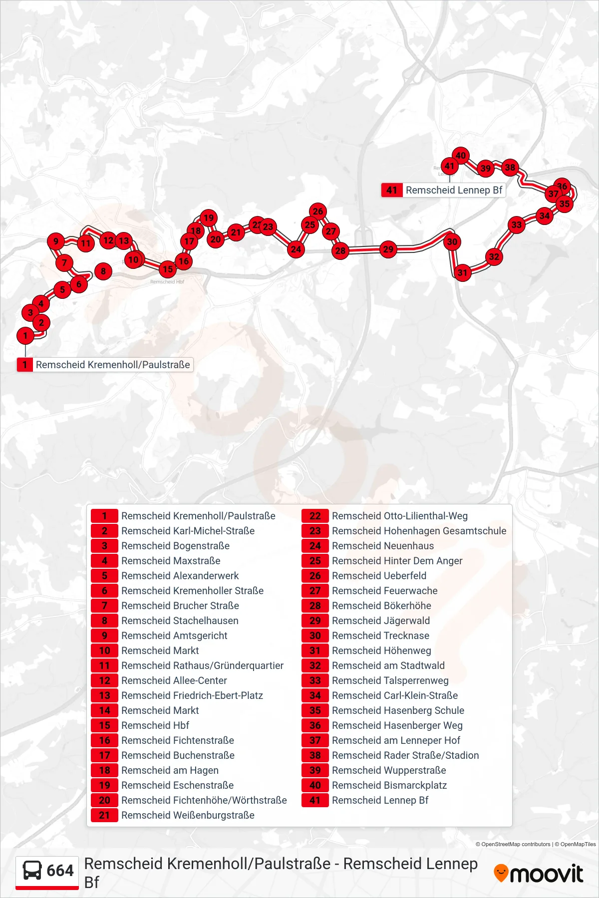 664 bus Line (Remscheid Lennep Bf) route and stops on a map