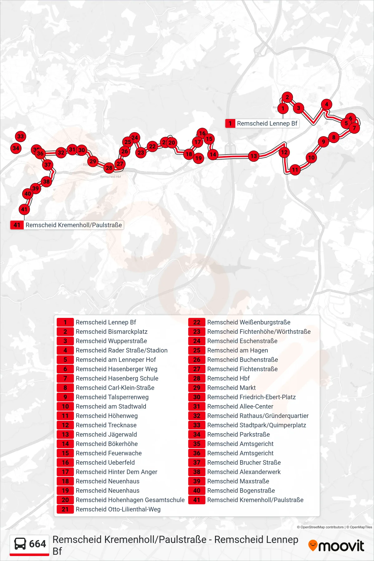 664 bus Line (Remscheid Kremenholl/Paulstraße) route and stops on a map