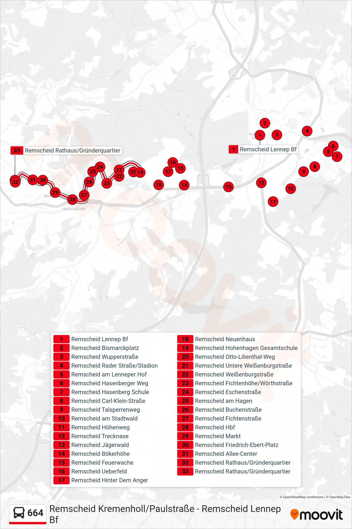 664 bus Line (Remscheid Rathaus/Gründerquartier) route and stops on a map