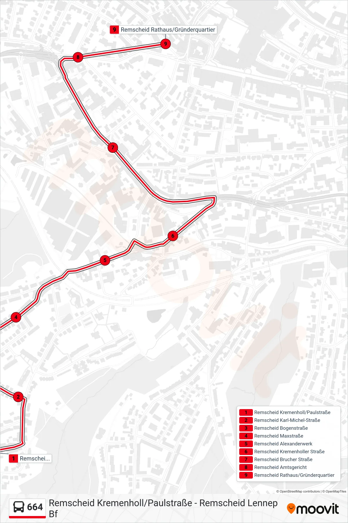 Linie 664 (Bus) Richtung Remscheid Rathaus/Gründerquartier: Route und Haltestellen auf der Karte