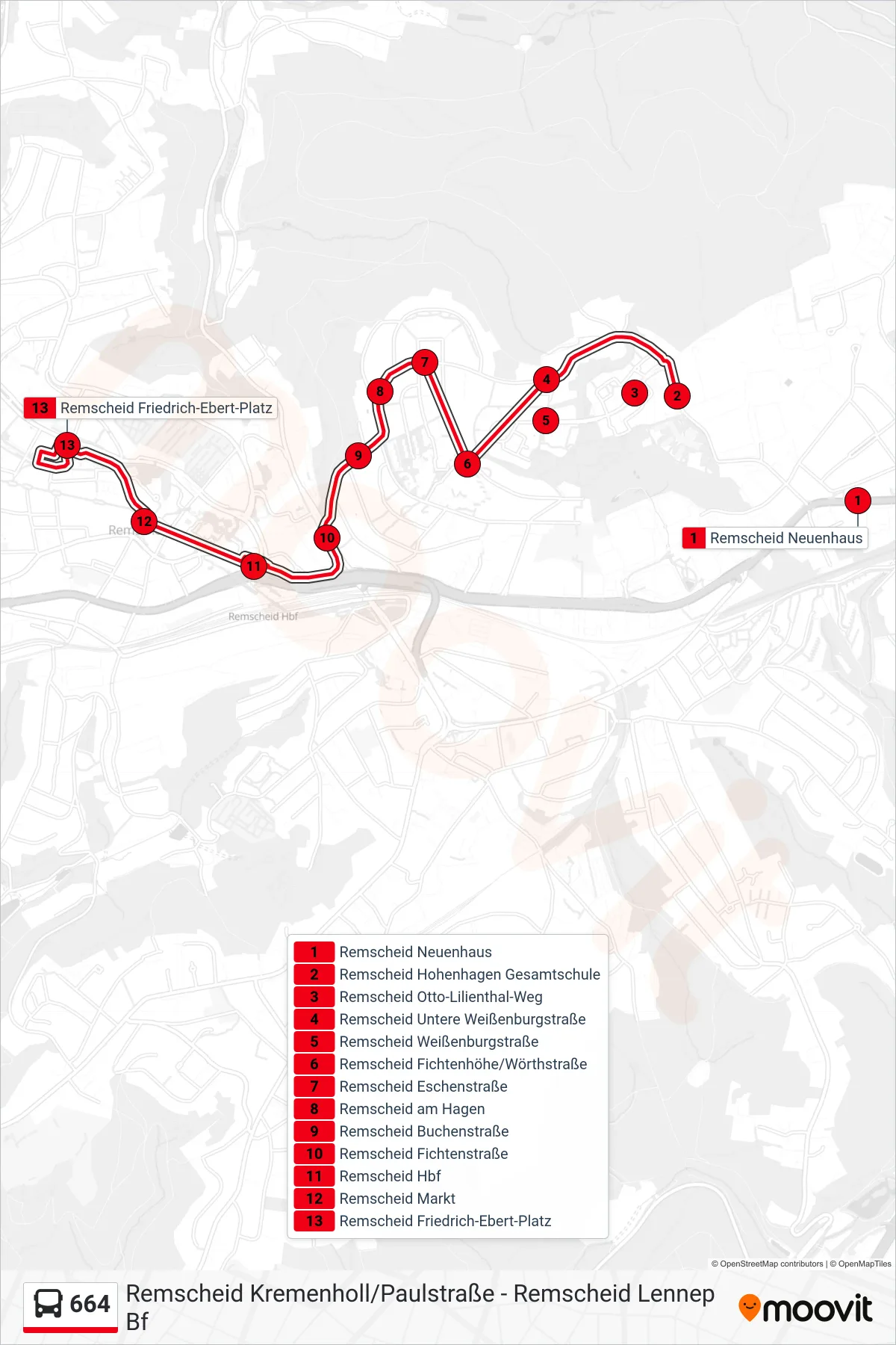 Linie 664 (Bus) Richtung Remscheid Friedrich-Ebert-Platz: Route und Haltestellen auf der Karte