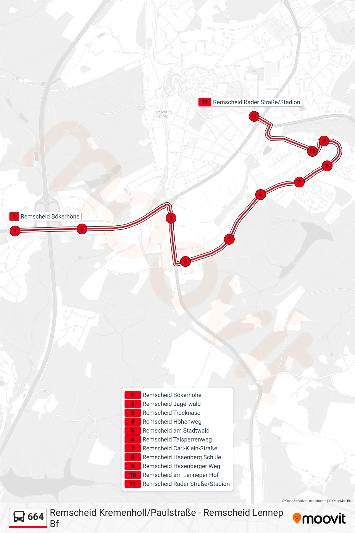 Linie 664 (Bus) Richtung Remscheid Rader Straße/Stadion: Route und Haltestellen auf der Karte