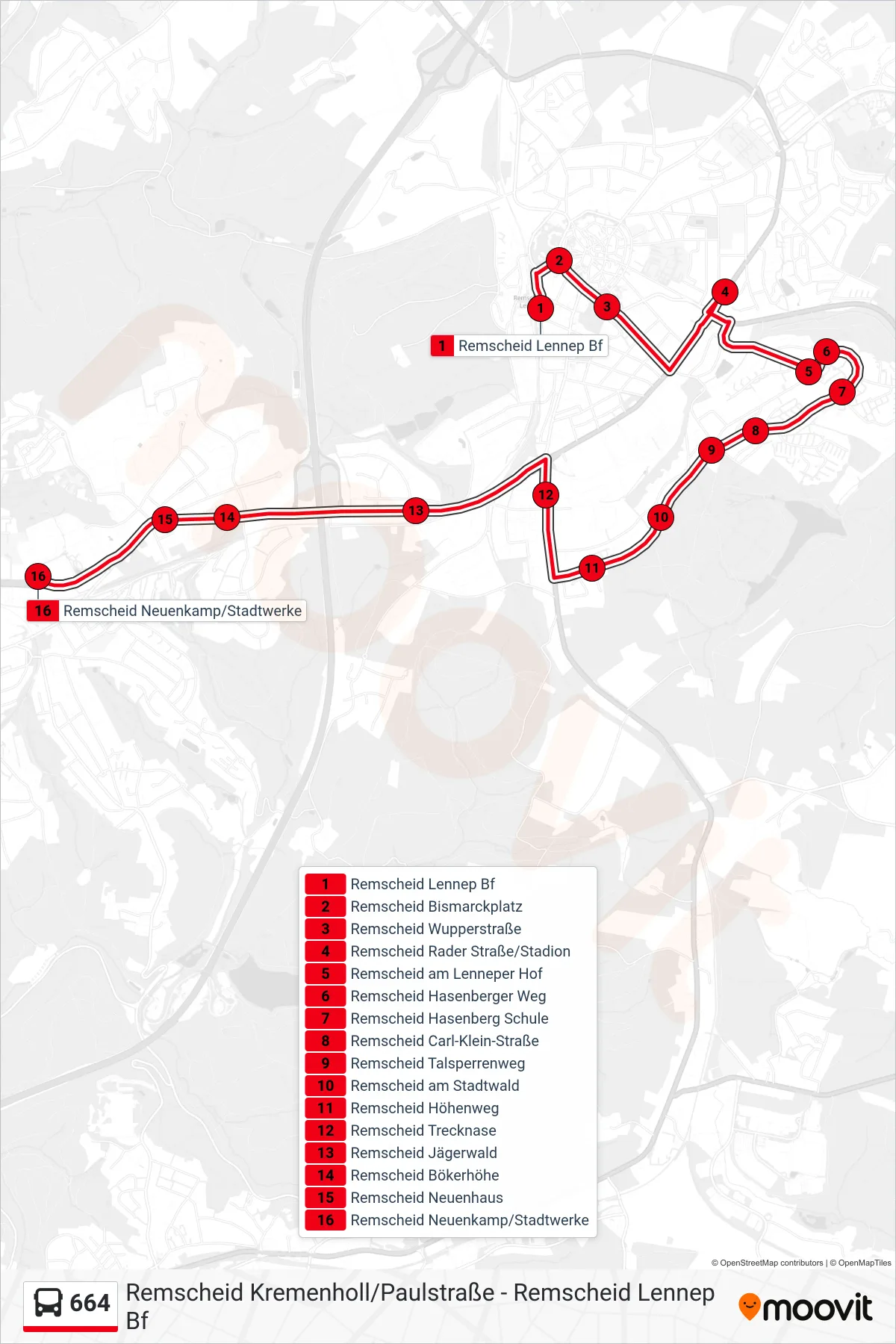 Linie 664 (Bus) Richtung Remscheid Neuenkamp/Stadtwerke: Route und Haltestellen auf der Karte